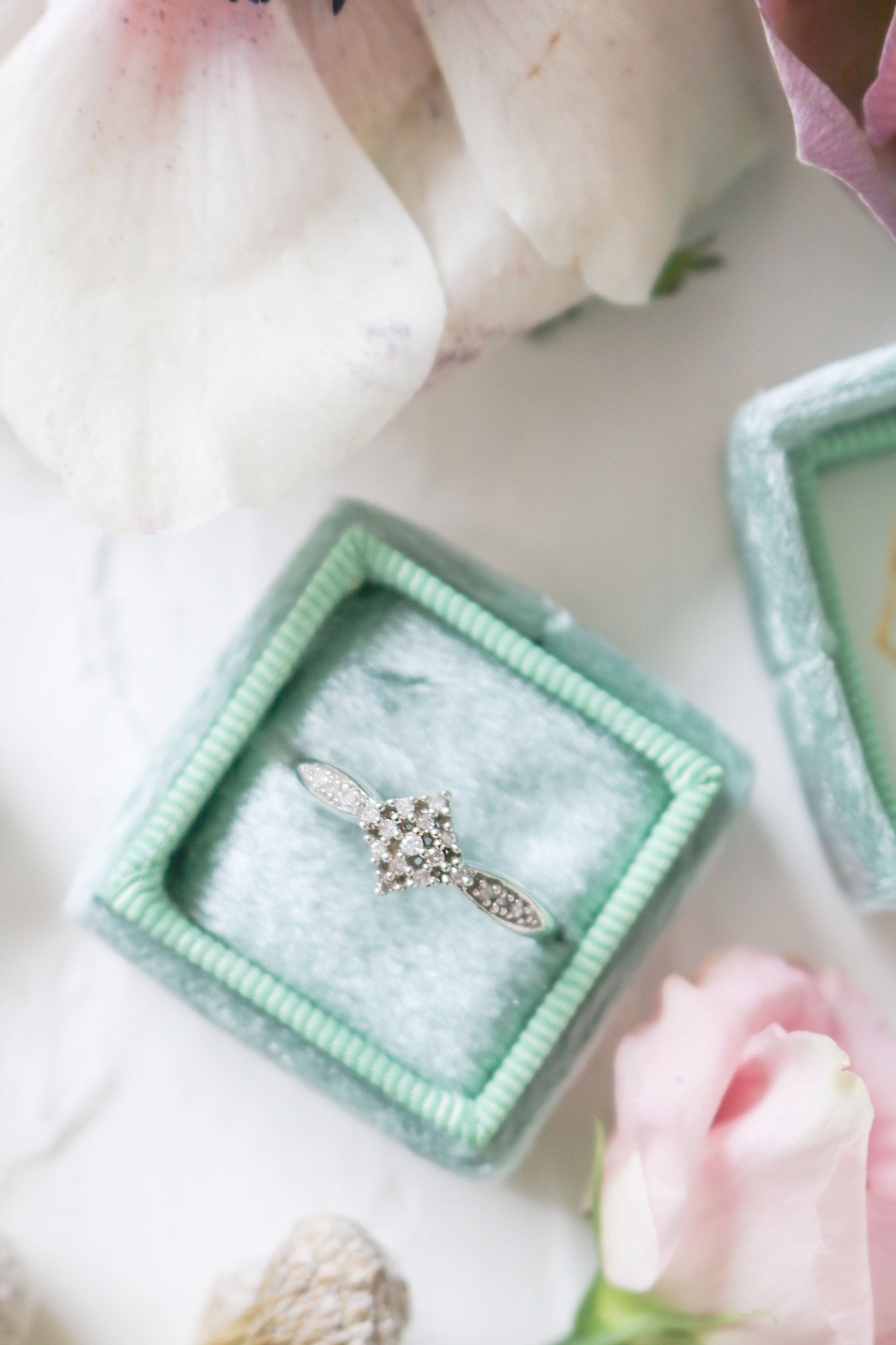 Adira Vintage Diamond Encrusted Engagement Ring in 9ct White Gold and soft ring box. Antique Engagement Rings Canada. Canadian vintage engagement rings. Vintage engagement rings Canada. Bridal jewelry Canada.