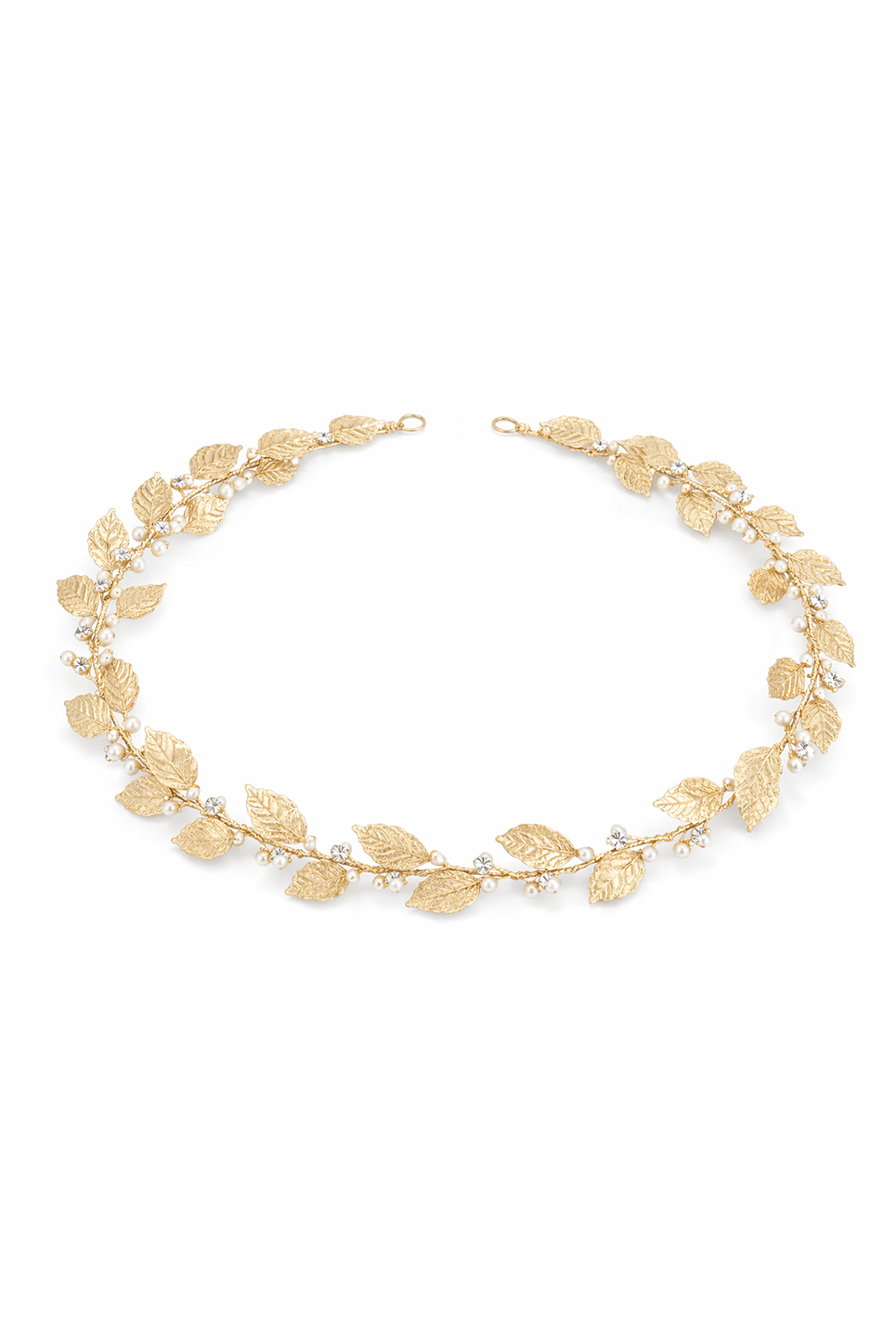 Gold leaf hairvine with freshwater pearls and crystals on a white background. Bridal hair accessories handmade in Canada by BIPOC bridal designer