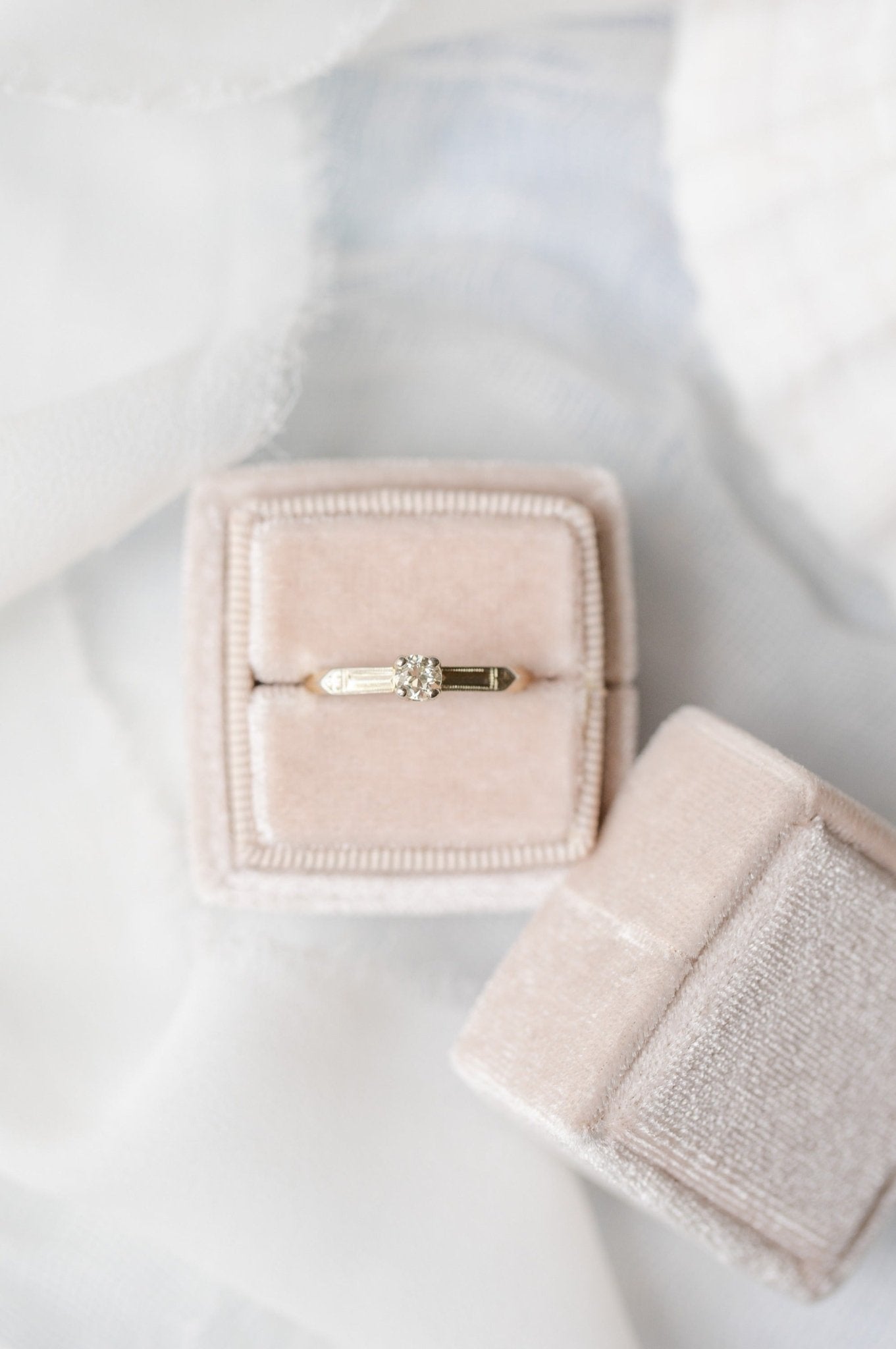 Vintage Diamond 14k Yellow and White Gold Engagement Ring in Cream Ring Box. Art Deco Style. Antique Engagement Rings Canada. Canadian vintage engagement rings. Vintage engagement rings Canada. Bridal jewelry Canada. Canadian weddings. Wedding Canada. Canadian bridal jewelry. Woman-owned Canadian jewelry brand. Canadian jewelry business.