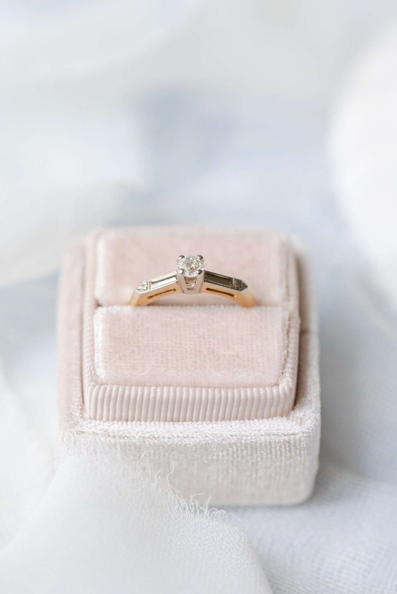 Alder 14k Yellow and White Gold Art Deco Solitaire Diamond Engagement Ring in Soft Cream Ring Box. Antique Engagement Rings Canada. Canadian vintage engagement rings. Vintage engagement rings Canada. Bridal jewelry Canada. Canadian weddings. Wedding Canada. Canadian bridal jewelry. Woman-owned Canadian jewelry brand. Canadian jewelry business.
