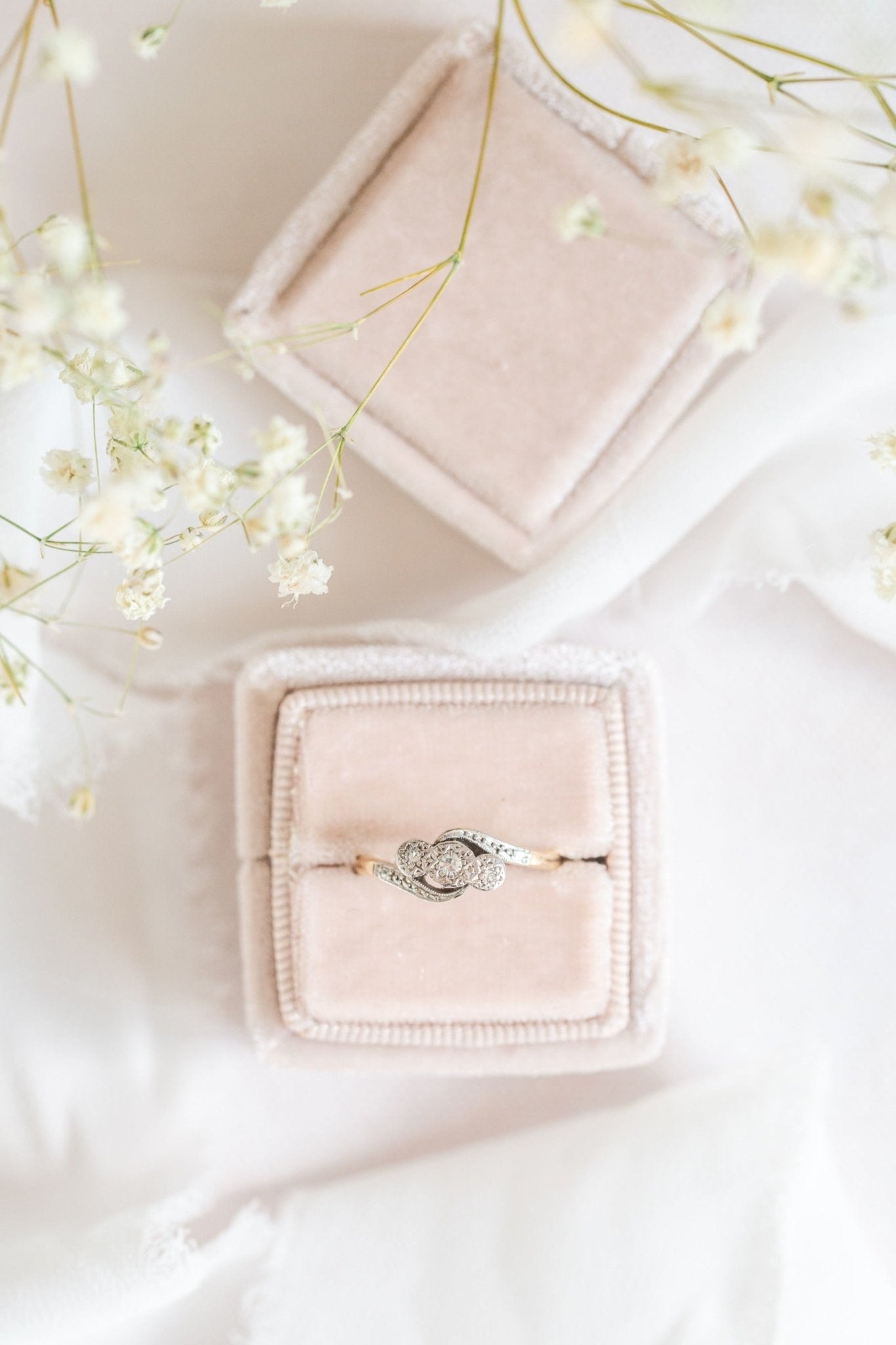 Amelie Trilogy Diamond Engagement Ring in 18k Gold and Platinum, Art Deco c.1930 in light blush ring box. Antique Engagement Rings Canada. Canadian vintage engagement rings. Vintage engagement rings Canada. Bridal jewelry Canada. Canadian weddings. Wedding Canada. Canadian jewelry brands. Affordable Canadian jewelry brands. Canadian bridal jewelry. Woman-owned Canadian jewelry brand. Canadian jewelry business.