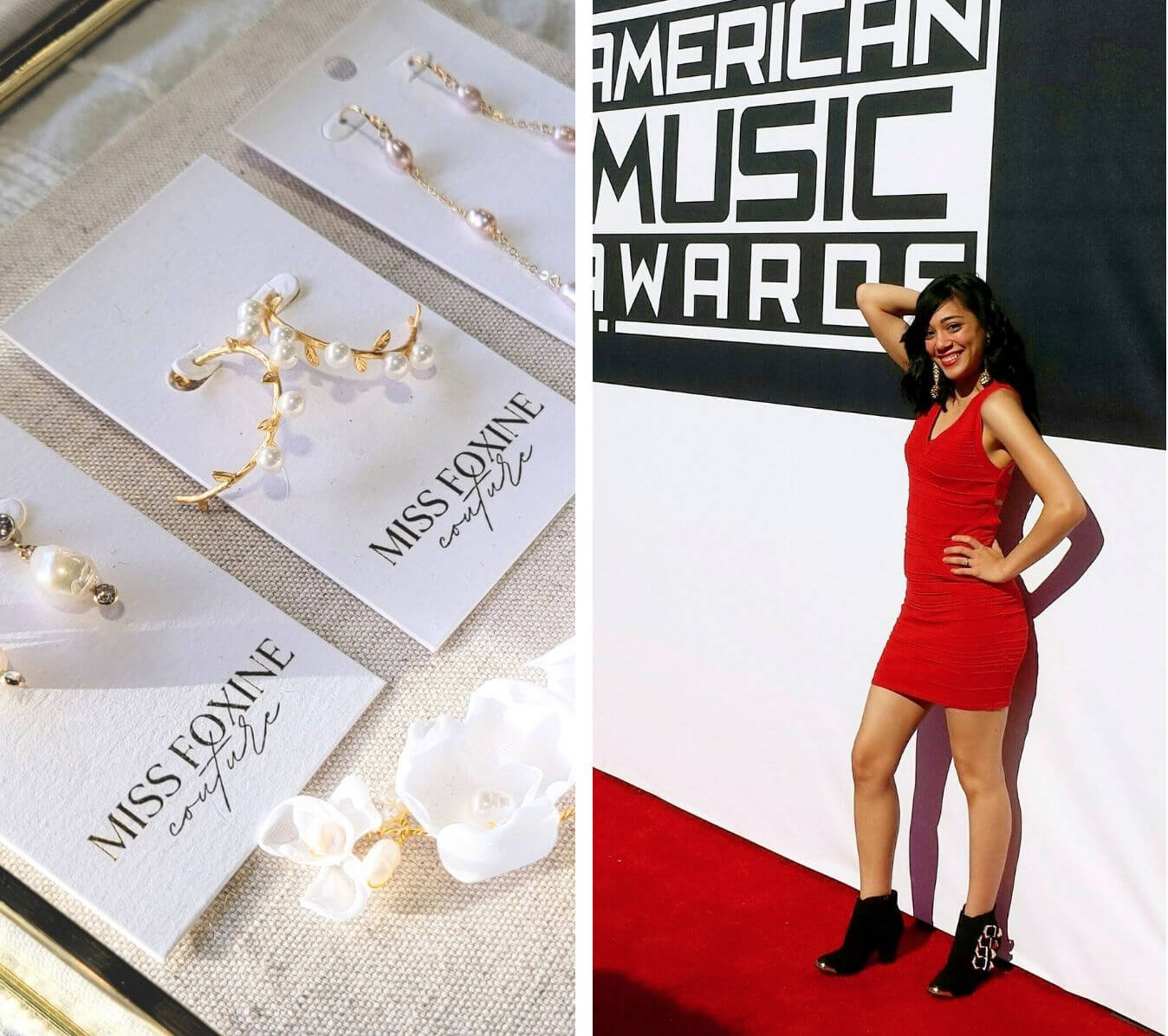 A two photo collage; one of Miss Foxine Couture Canadian jewelry designer at the American Music Awards, the other a display of gold freshwater pearl bridal earrings on linen background