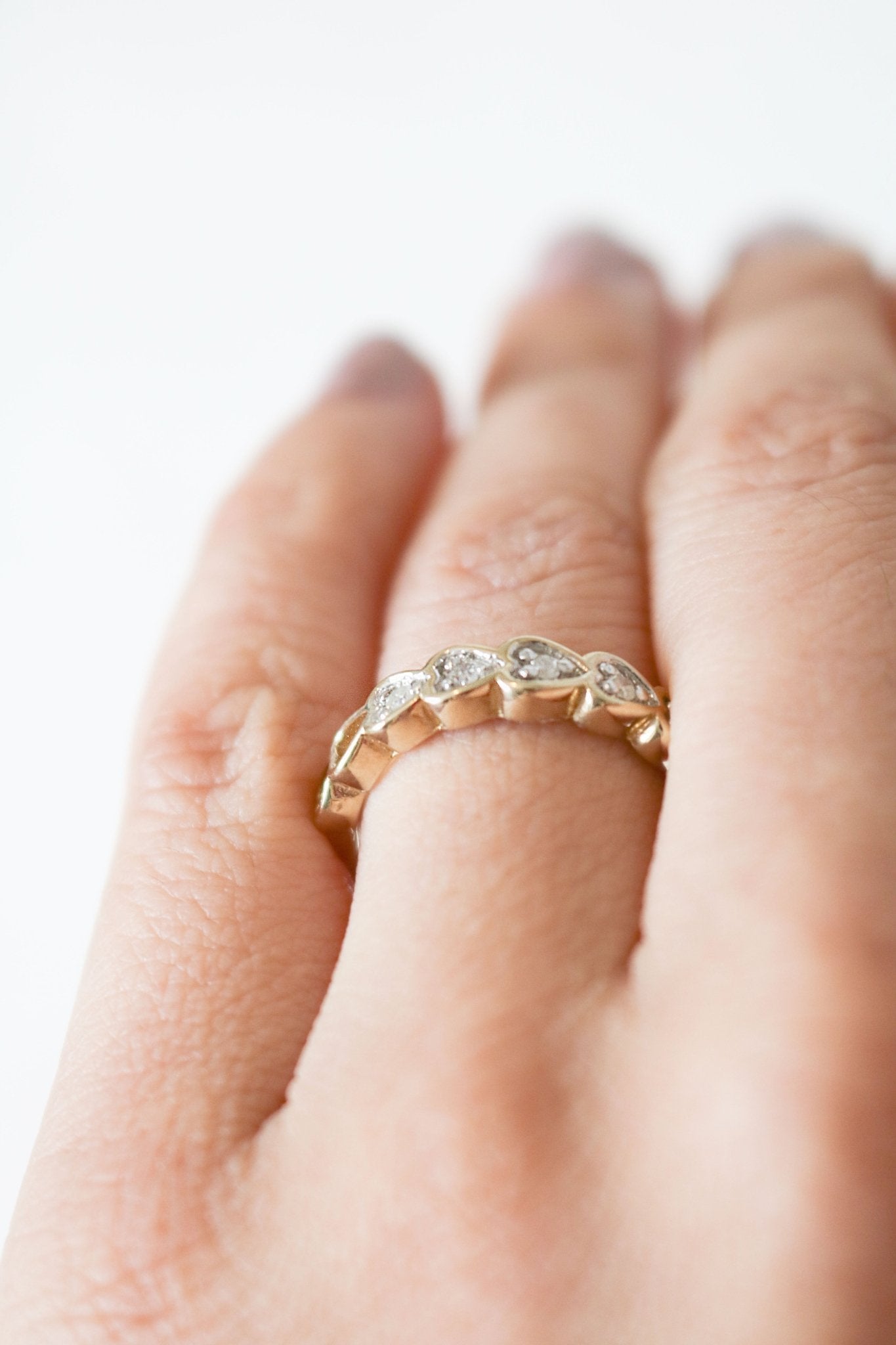 Amore Gold and Diamond Heart Engagement Ring on ring finger made in Halifax. Antique Engagement Rings Canada. Canadian vintage engagement rings. Vintage engagement rings Canada. Bridal jewelry Canada.