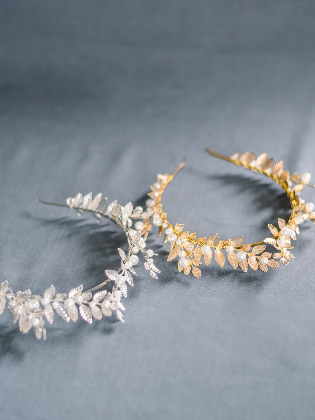 Two freshwater pearl crowns in silver and gold with laurel leaves. Bridal Hair Accessories. Bridal Accessories. Canadian Bridal Accessories. Handmade Canadian Accessories. Canadian handmade Accessories. Canadian weddings. Wedding Canada. Canadian jewelry brands. Affordable Canadian jewelry brands. Organic pearl accessories. Pearl Bridal Hair Accessories. Pearl Bridal Accessories.