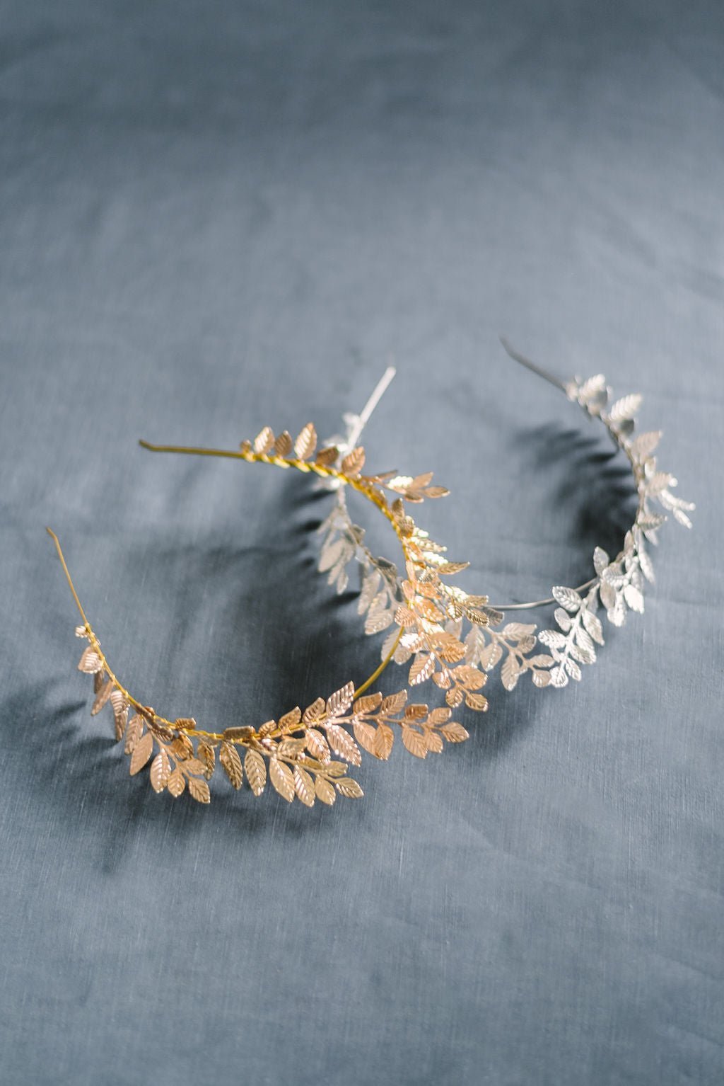 Artemis Leaf Crown in gold or silver with Goddess-like laurel design. Bridal Hair Accessories. Bridal Accessories. Canadian Bridal Accessories. Handmade Canadian Accessories. Canadian handmade Accessories. Canadian weddings. Wedding Canada.