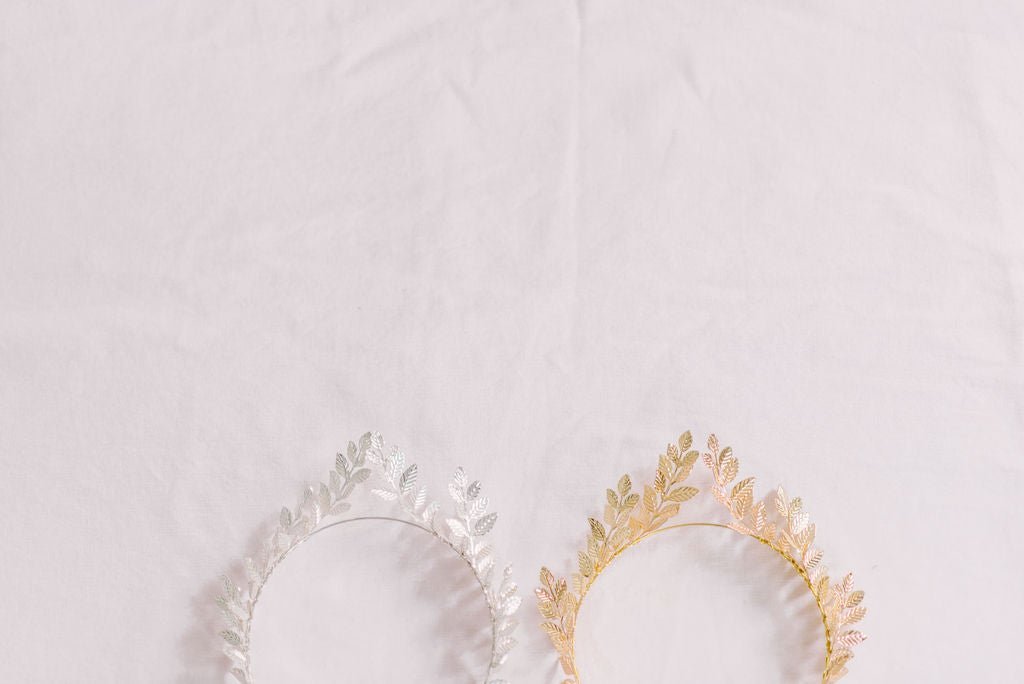 Silver and Gold bridal crowns with laurel leaf design. Bridal Hair Accessories. Bridal Accessories. Canadian Bridal Accessories. Handmade Canadian Accessories. Canadian handmade Accessories. Canadian weddings. Wedding Canada.