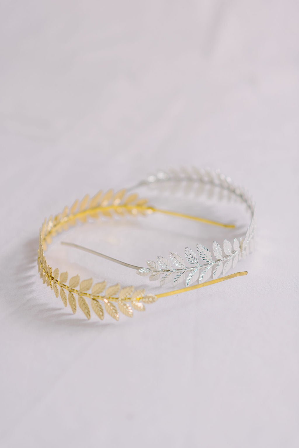 Athena Leaf Headband in Gold and Silver. Bridal Hair Accessories. Bridal Accessories. Canadian Bridal Accessories. Handmade Canadian Accessories. Canadian handmade Accessories. Canadian weddings. Wedding Canada.