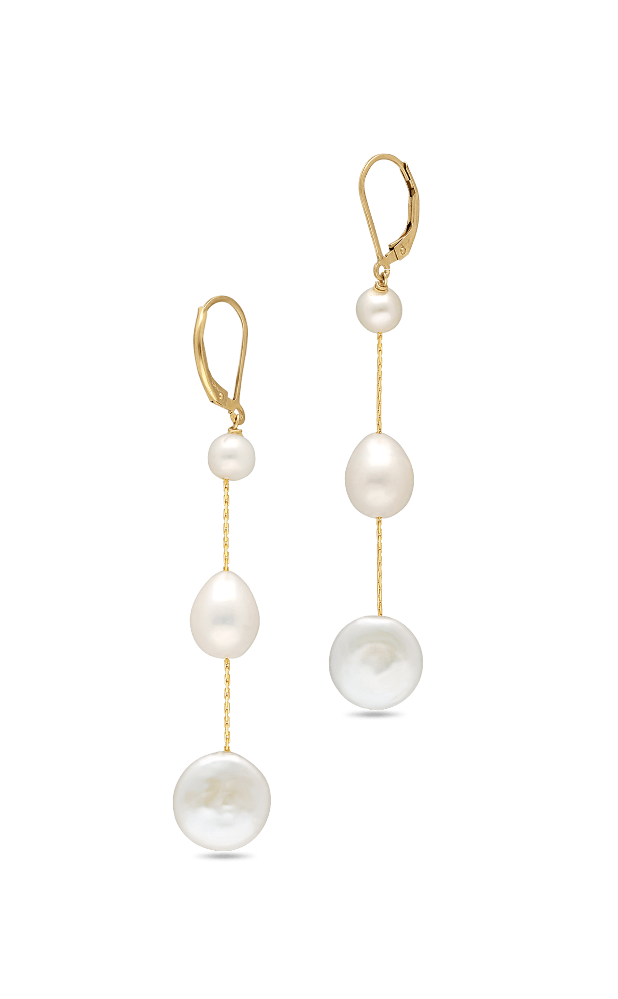 A pair of gold-filled 3 pearl drop dangle earrings. Pearl jewelry Canada.
