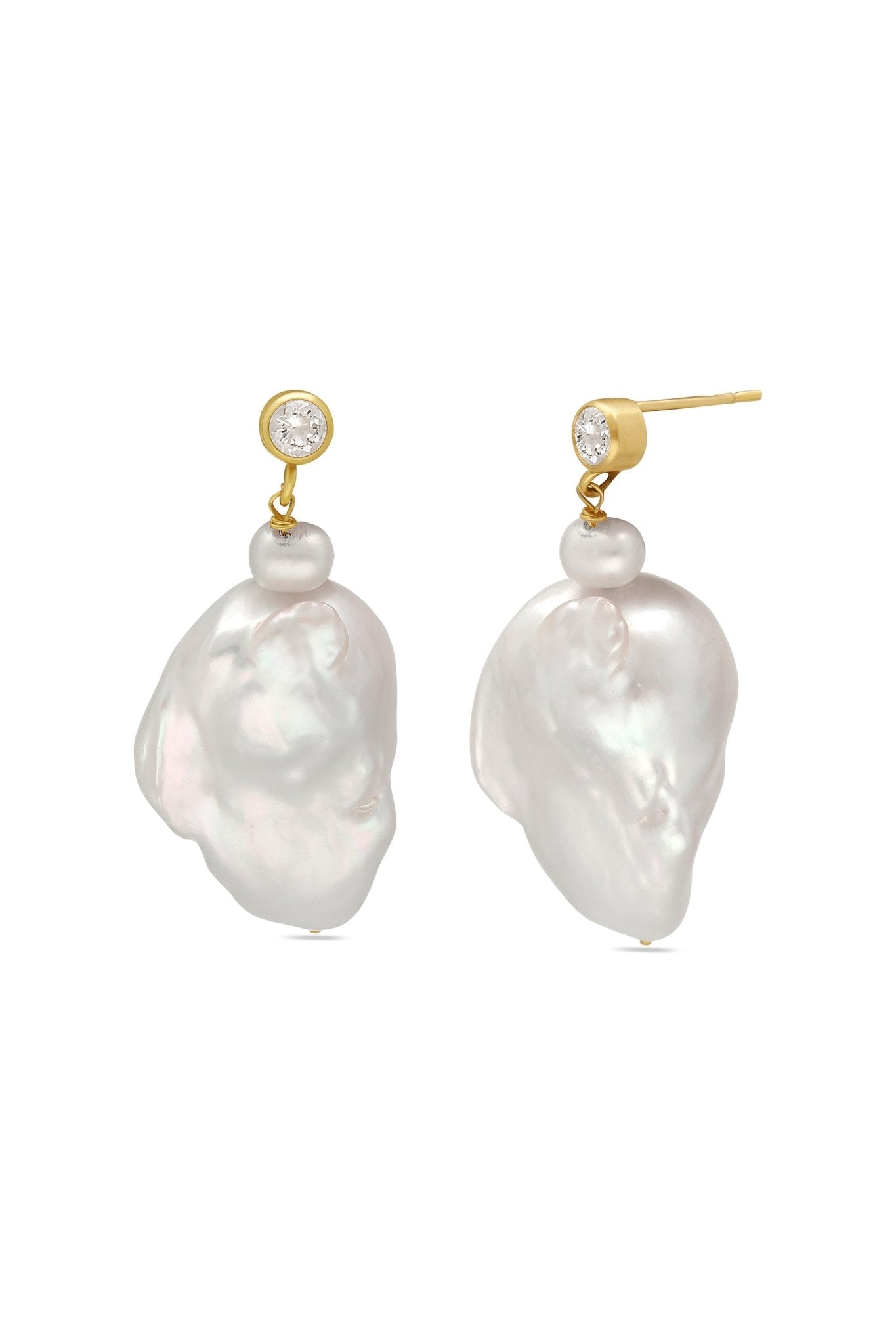 Pair of baroque pearl earrings in gold-filled with cubic zirconia crystals on a white background. Pearl bridal jewelry & organic pearl statement bridal earrings handmade by woman-owned jewelry brand