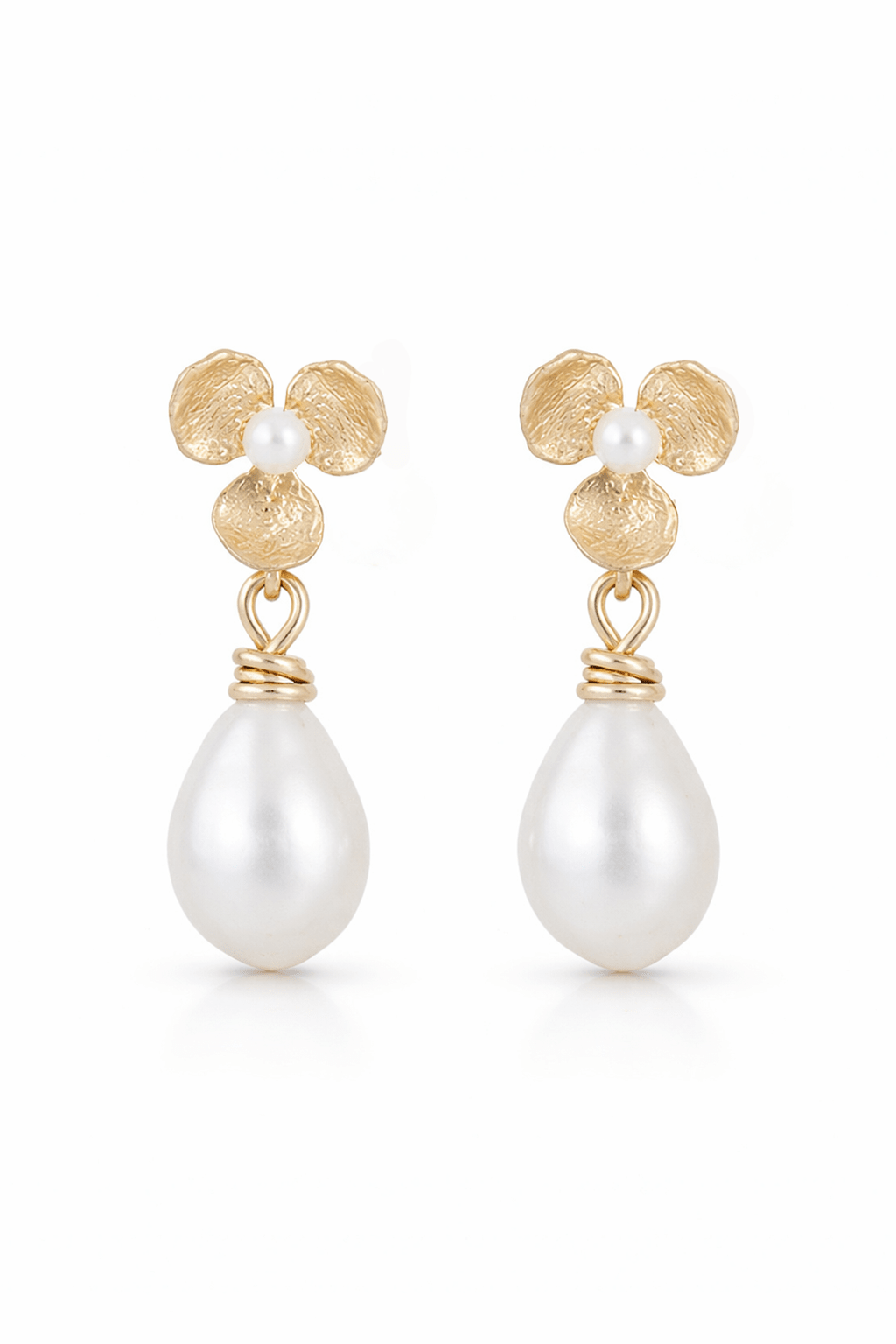 Pair of pearl flower earrings with gold accents on a white background. Gold-filled bridal earrings & pearl bridal jewelry handmade in Canada by woman-owned jewelry brand