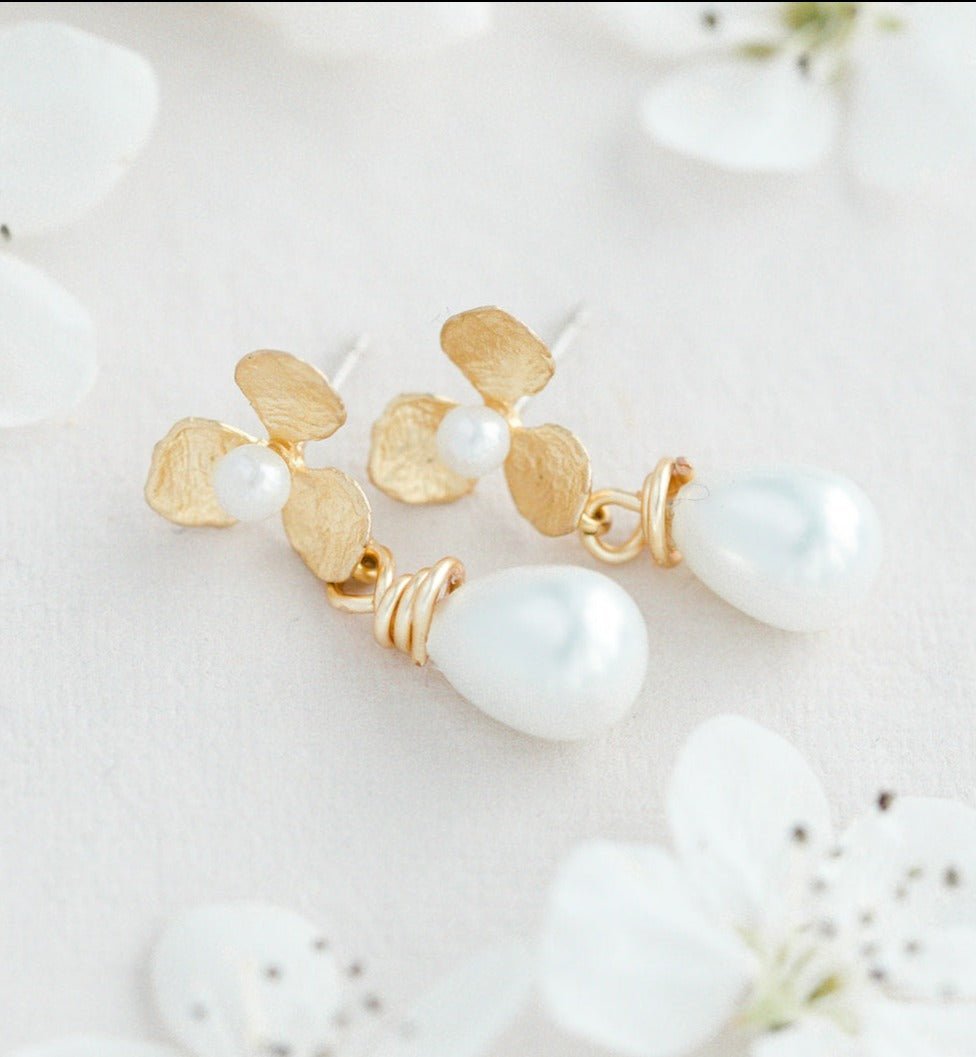 Bella Flower & Drop Freshwater Pearl Earrings with Sterling Silver Posts & Gold-Filled Flowers. Pearl jewelry Canada. Canadian handmade jewelry. Small Canadian jewelry brands