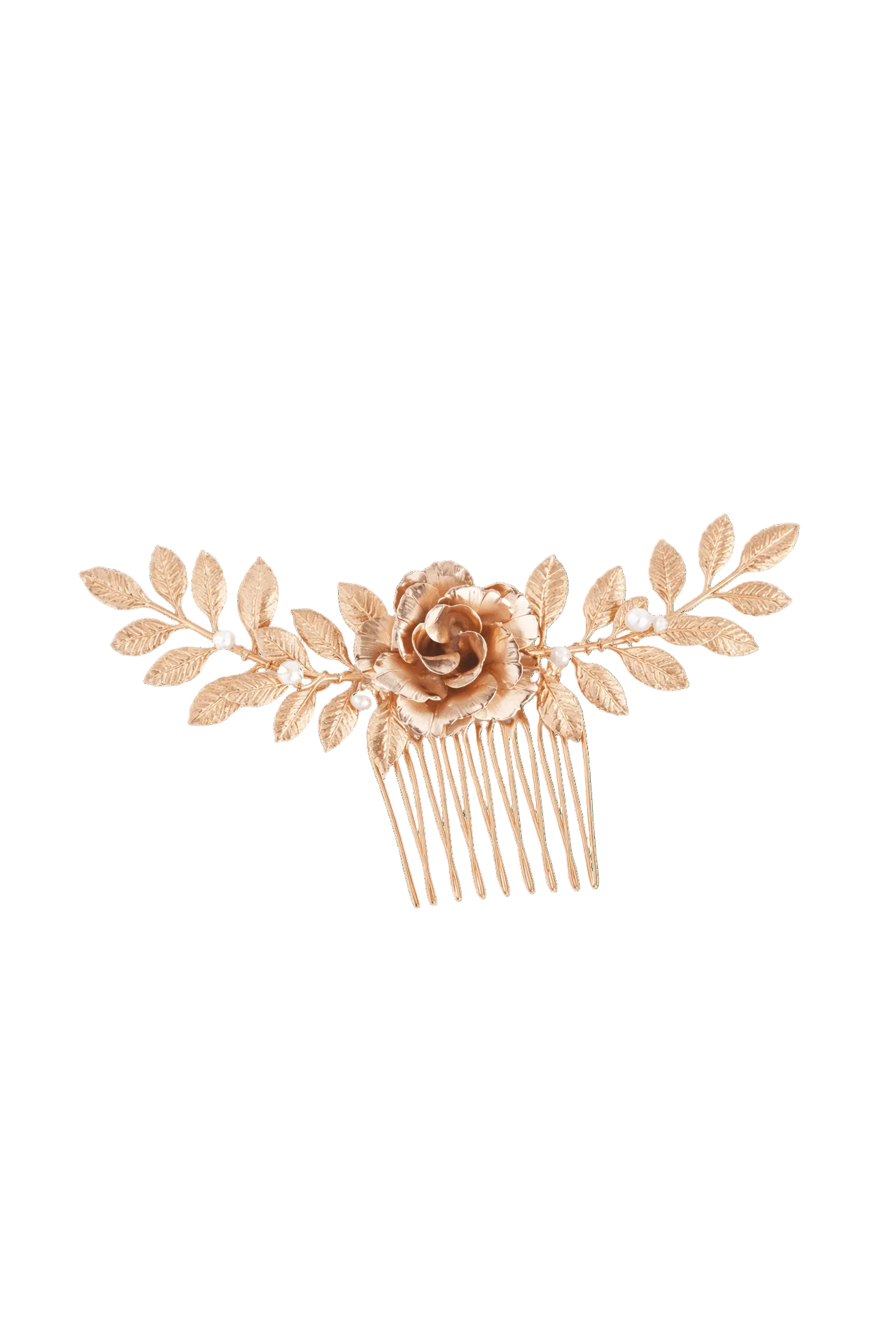 Golden bridal hair comb with floral and rose design on a white background. Bridal hair accessories & Canadian bridal accessories handmade by Canadian jewelry artisan