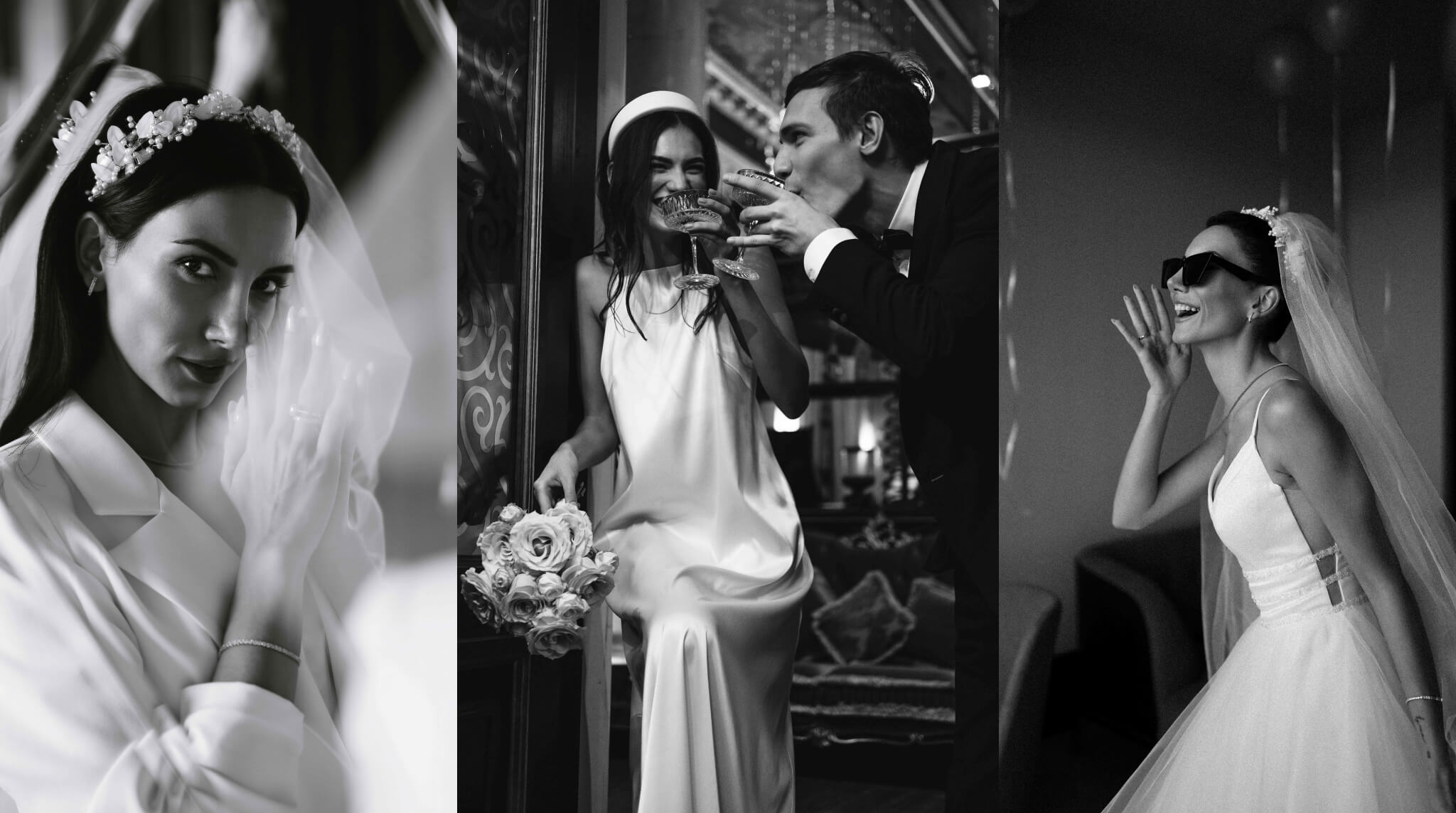 Three modern brides showcase their unique styles of wedding dress and veils with class and grace.