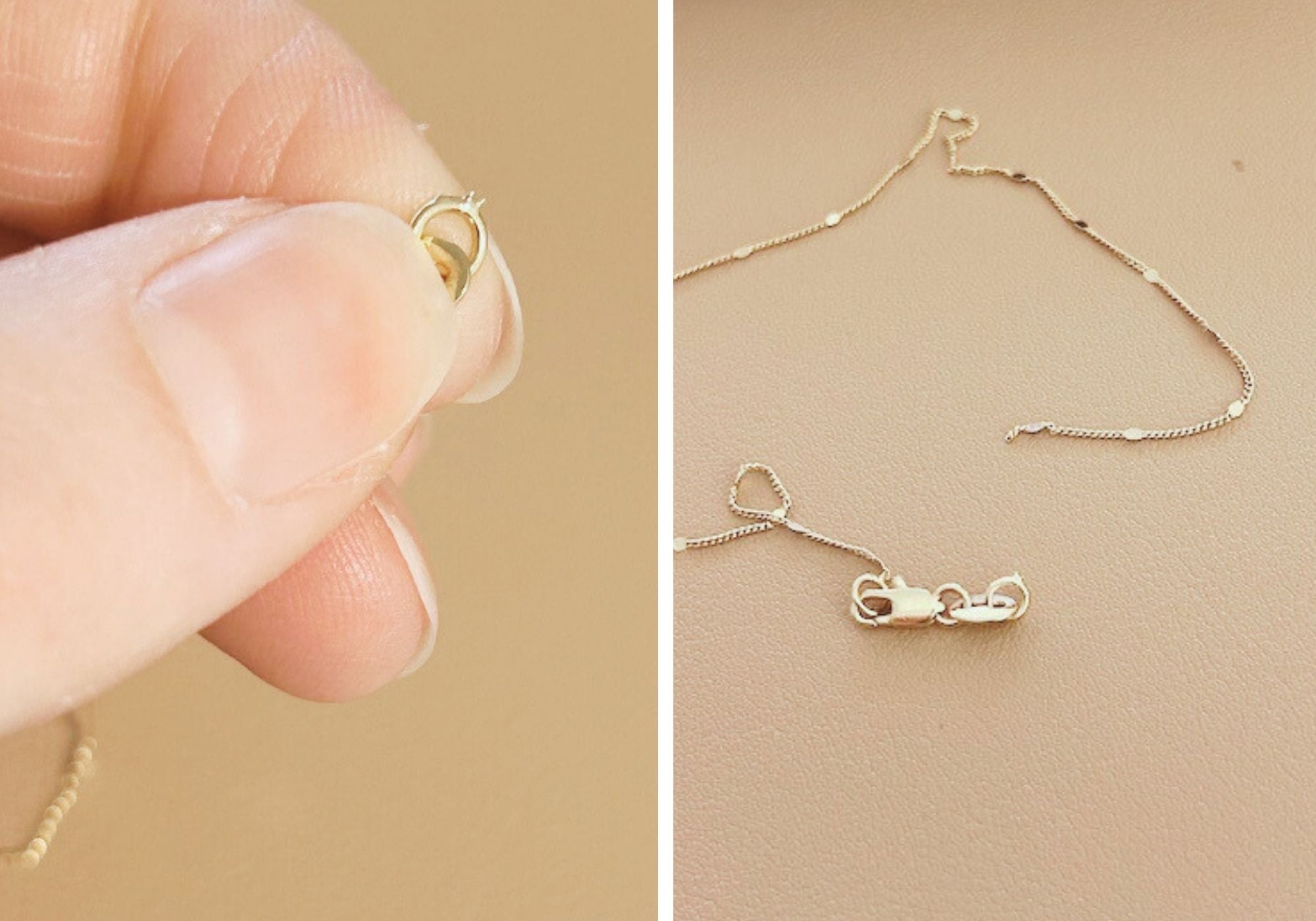 A two photo collage; an extreme close up of a broken necklace piece & a close up of a broken 18k gold-filled hammered section necklace, both on neutral background