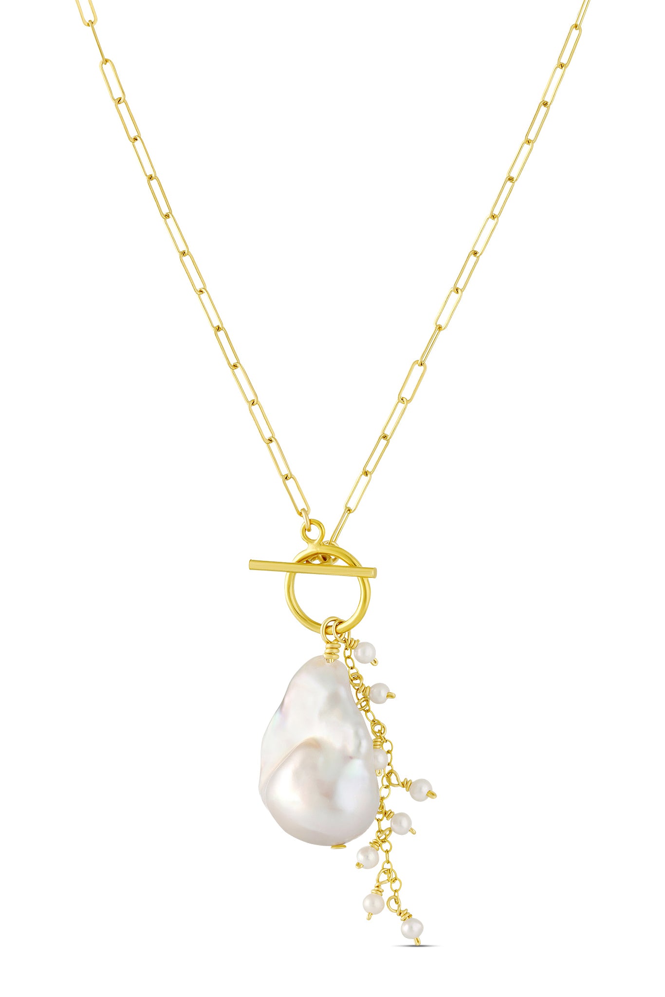 A thin paperclip chain with large Baroque pearl and chain of seed pearls with toggle clasp. Pearl Bridal jewelry Canada. Gold-filled jewelry Canada.
