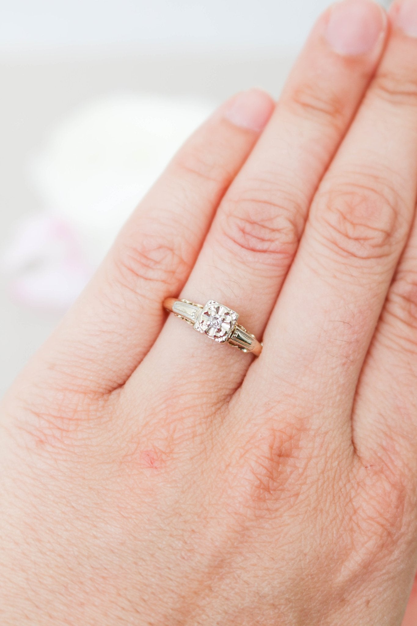Vintage Engagement Ring in 14ct Gold with Diamond is shown worn on a ring finger. Canadian jewelry business. Antique Engagement Rings Canada. Canadian vintage engagement rings. Vintage engagement rings Canada. Bridal jewelry Canada. Canadian weddings. Wedding Canada. Canadian bridal jewelry. Woman-owned Canadian jewelry brand.