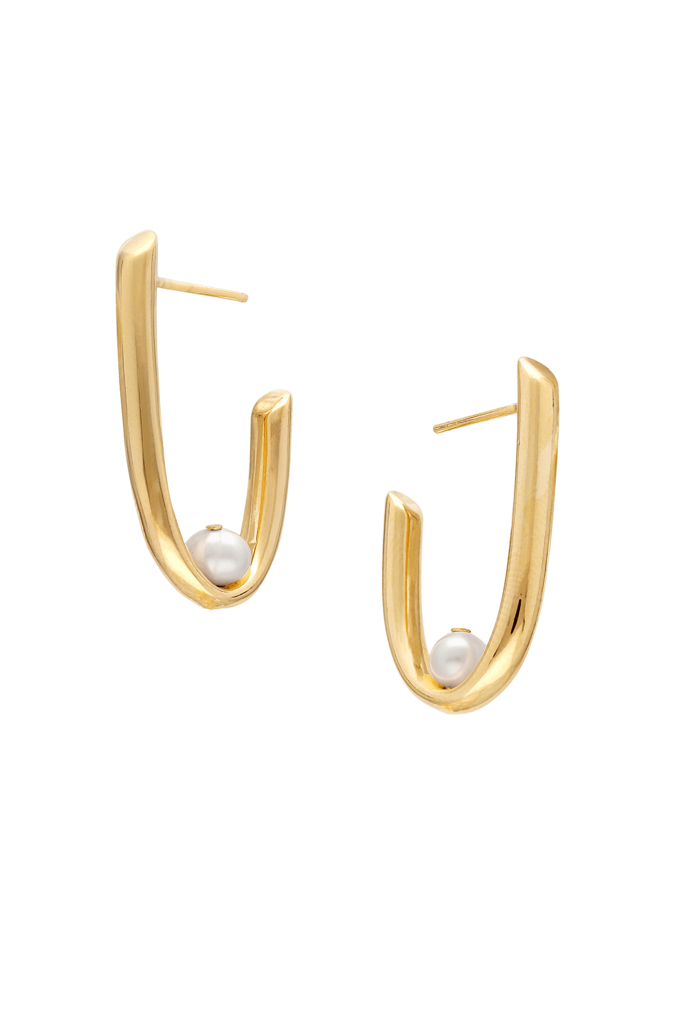 Gold filled hoop earrings with pearl centers on a white background. Gold-filled jewelry Canada. Handmade Canadian jewelry. Woman-owned Canadian jewelry brand. Statement Earrings. Pearl Jewelry. Pearl Earrings.