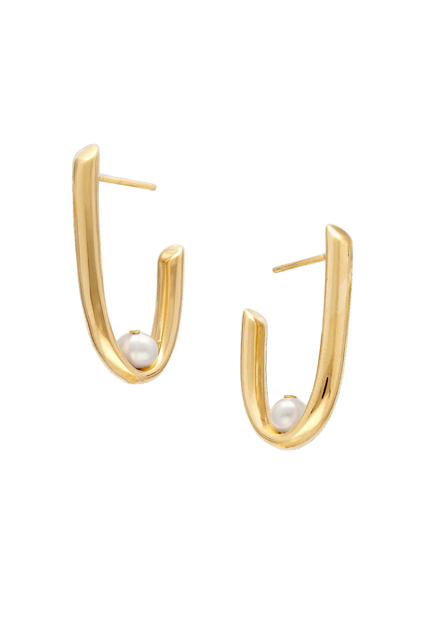 Gold filled hoop earrings with pearl centers on a white background. Gold-filled jewelry, handmade Canadian jewelry, & statement earrings by Woman-owned Canadian jewelry brand.