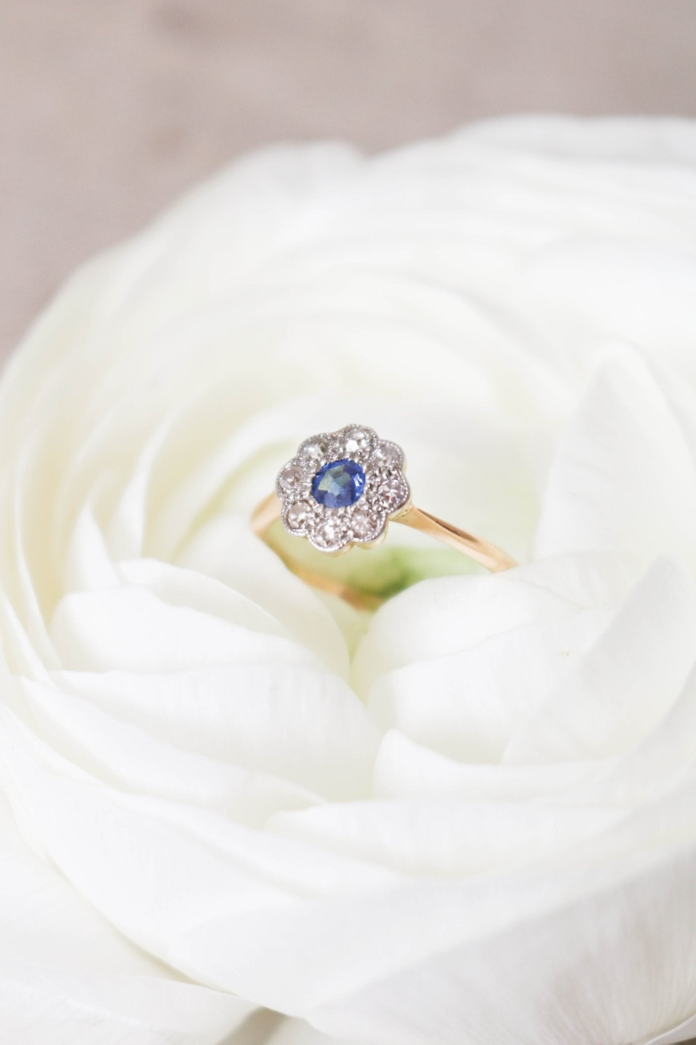 The Daphne 18k Yellow and White Gold Sapphire and Diamond Vintage Engagement Ring nestled in a white rose. Canadian vintage engagement rings. Bridal jewelry Canada. Canadian weddings. Wedding Canada. Canadian bridal jewelry. Woman-owned Canadian jewelry brand. Canadian jewelry brands.