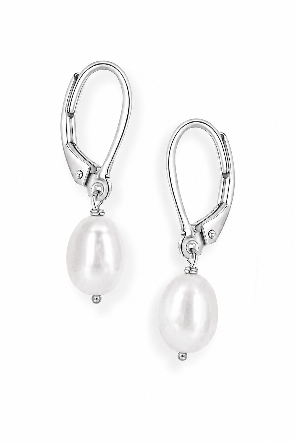 Pair of fresh water pearl earrings with sterling silver leverback hooks on a white background. Handmade by BIPOC Canadian jewelry maker.