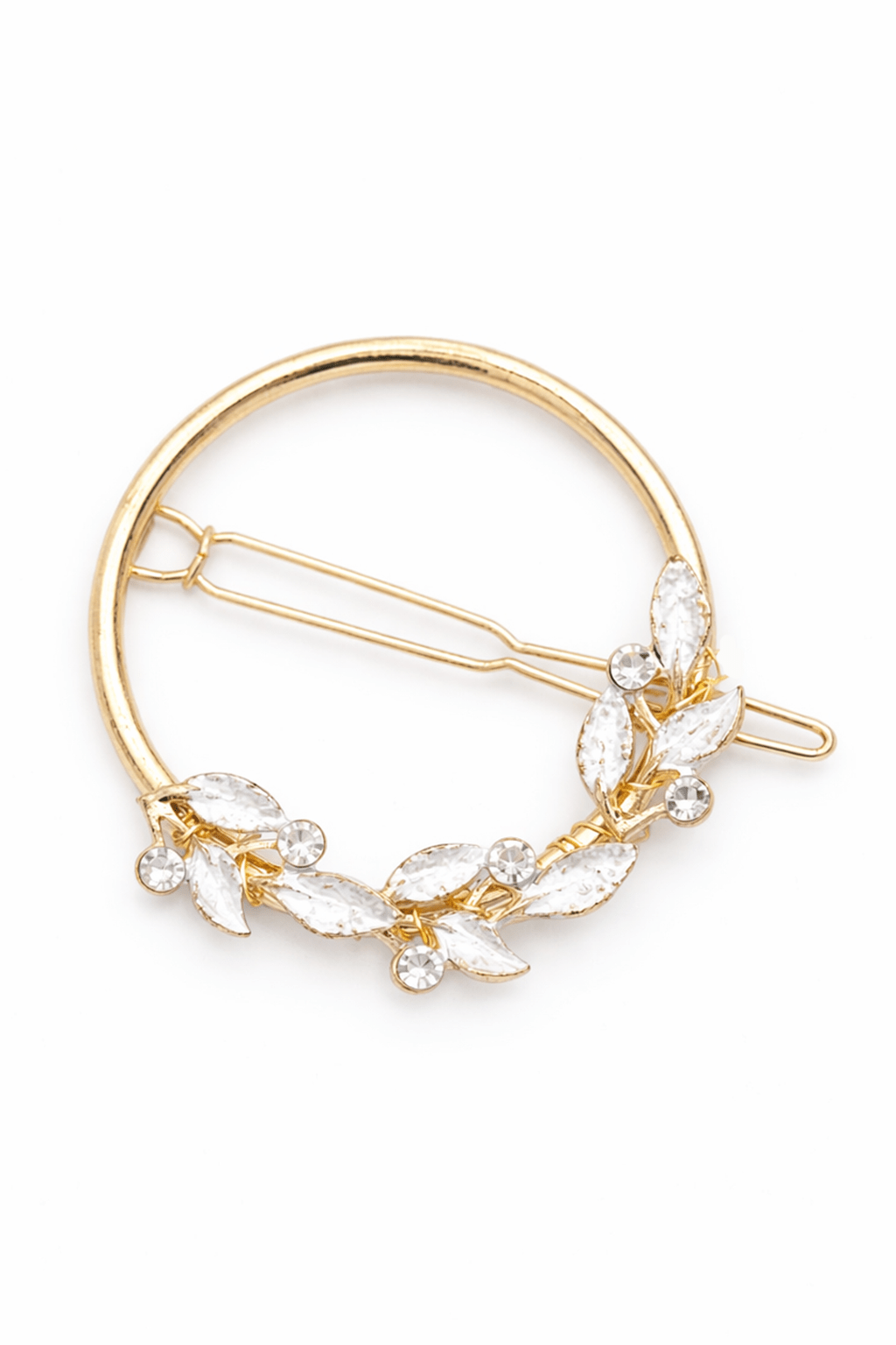 Gold leaf bridal hair clip with crystals and leaves on a white background. Handmade bridal accessories & everyday accessories by a small Canadian jewelry brand