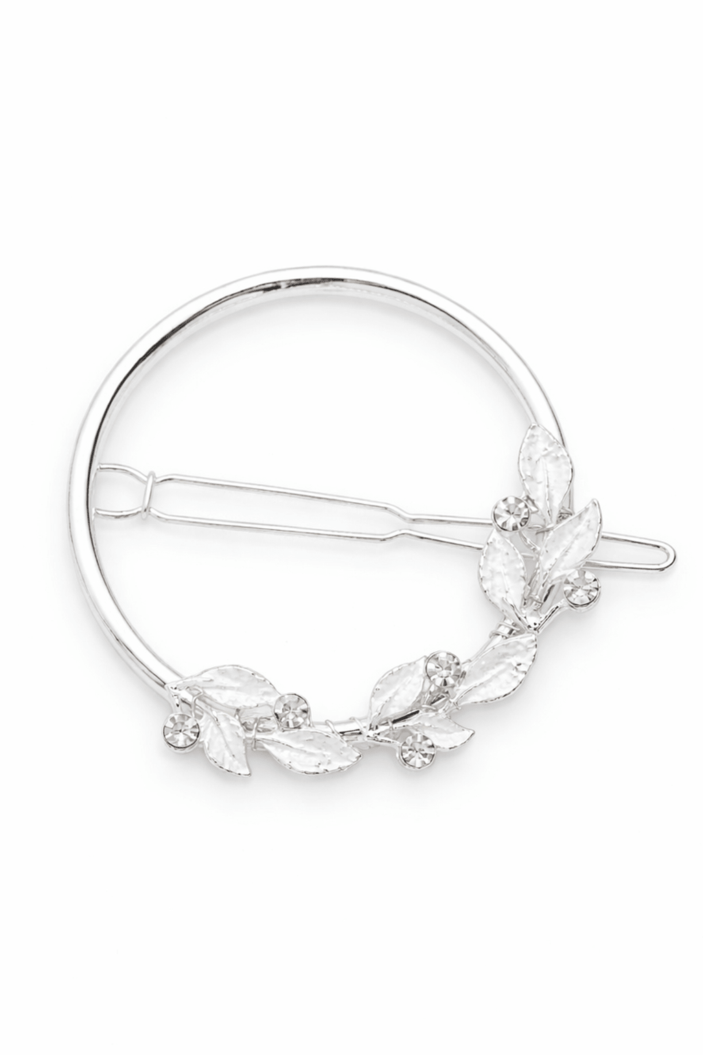 Silver bridal hair clip with a leaf design and crystals on a white background. Perfect for everyday wear and formal events. Canadian hair accessories & everyday hair accessories for weddings