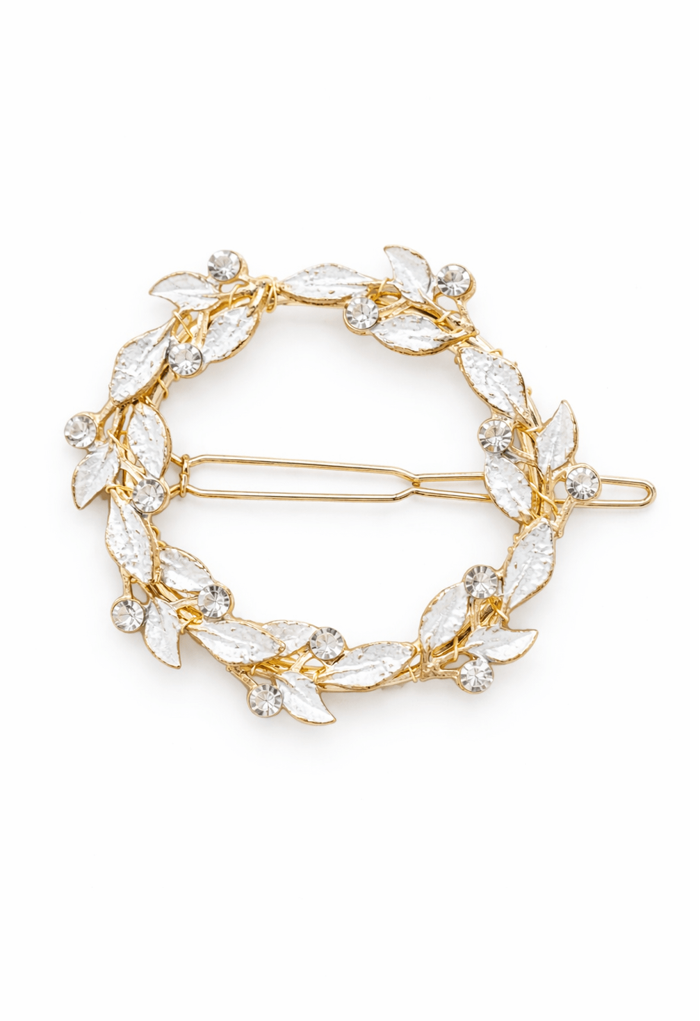 Gold and white leaf-shaped circular bridal hair clip with crystals on a white background. Handmade hair accessories & bridal accessories good for everyday wear & weddings by Canadian bridal designer