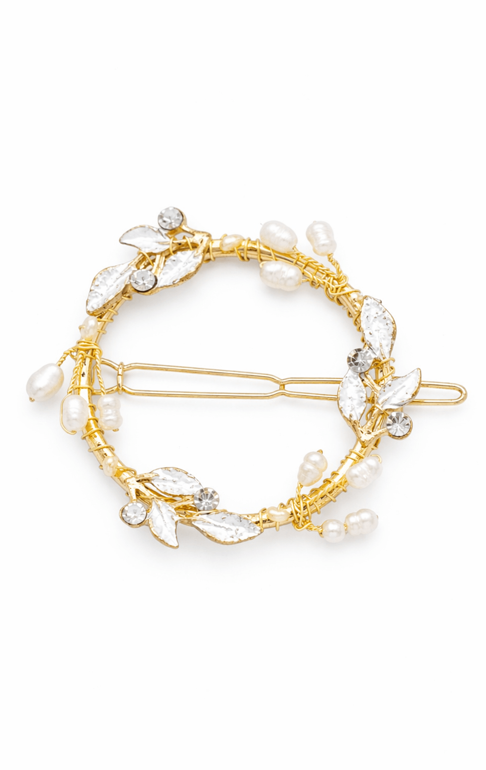 Circular gold bridal hair clip with freshwater pearls and crystals on a white background. Handmade bridal hair accessories & affordable bridal accessories by Canadian bridal designer