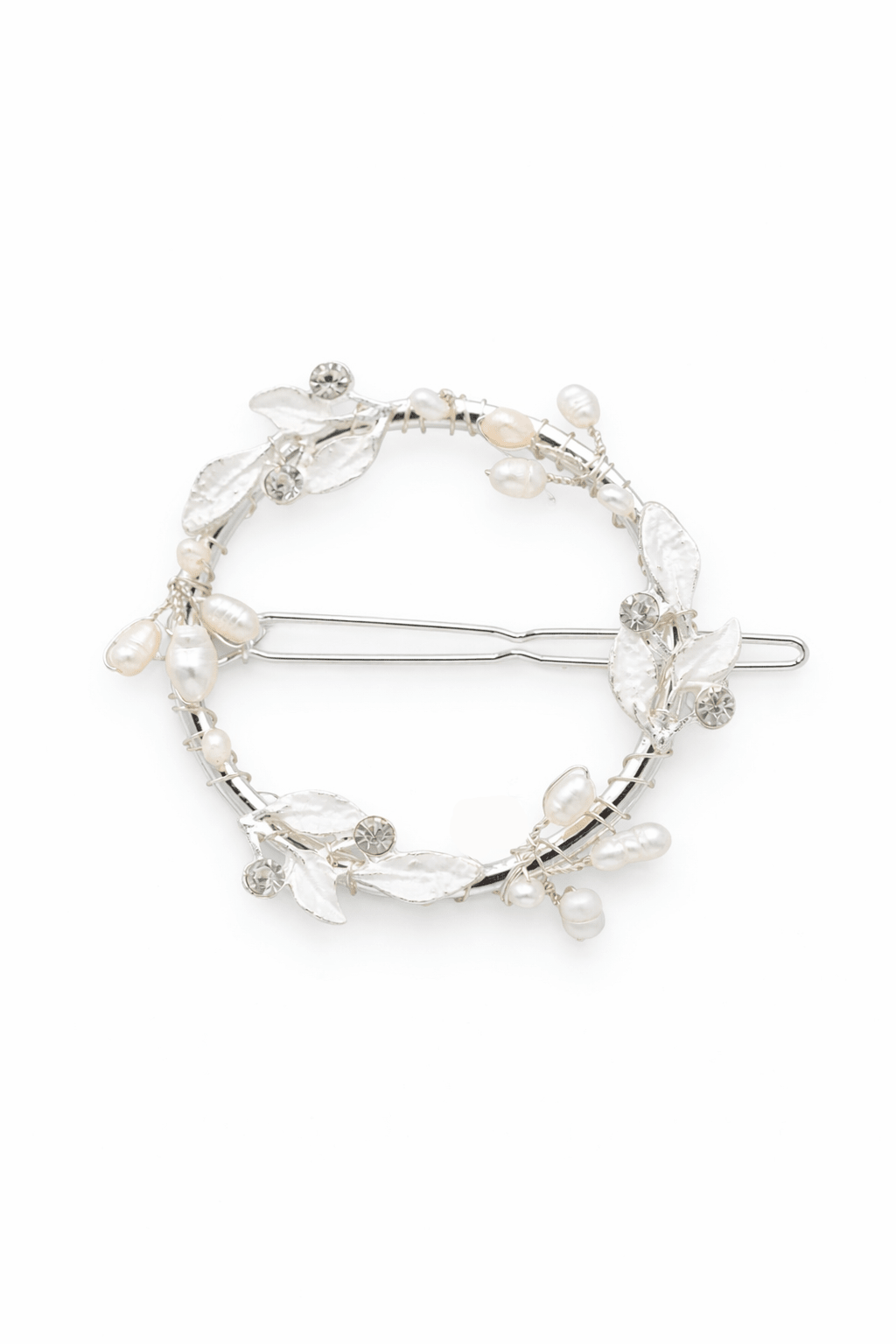 Wreath style silver bridal hair clip with floral leaf design and freshwater pearls on a white background. Bridal hair accessories & silver bridal accessories handmade by Woman-owned Canadian jewelry brand