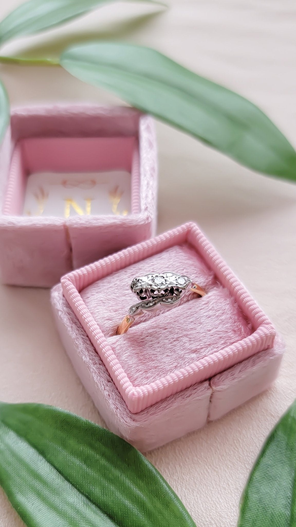 Gold and diamond Art Deco vintage engagement ring in a pink ring box surrounded by green leaves. Antique engagement rings & vintage rings from Canadian jewelry brand