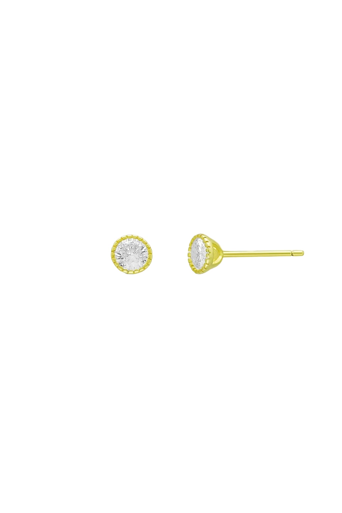 Large circular cubic zirconia crystal studs in 14k gold-filled on white background. Affordable jewelry. Handmade Canadian jewelry. Everyday jewelry. Statement Earrings.