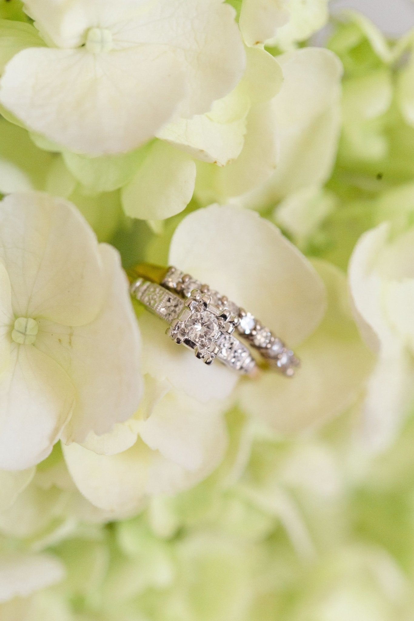Eva Half Eternity Vintage Diamond Engagement Band in 18k Gold c.1940s with additional ring on flower petals. Antique Engagement Rings Canada. Canadian vintage engagement rings. Vintage engagement rings Canada. Bridal jewelry Canada. Canadian weddings. Wedding Canada. Canadian jewelry brands. Affordable Canadian jewelry brands. Canadian bridal jewelry. Woman-owned Canadian jewelry brand. Canadian jewelry business.