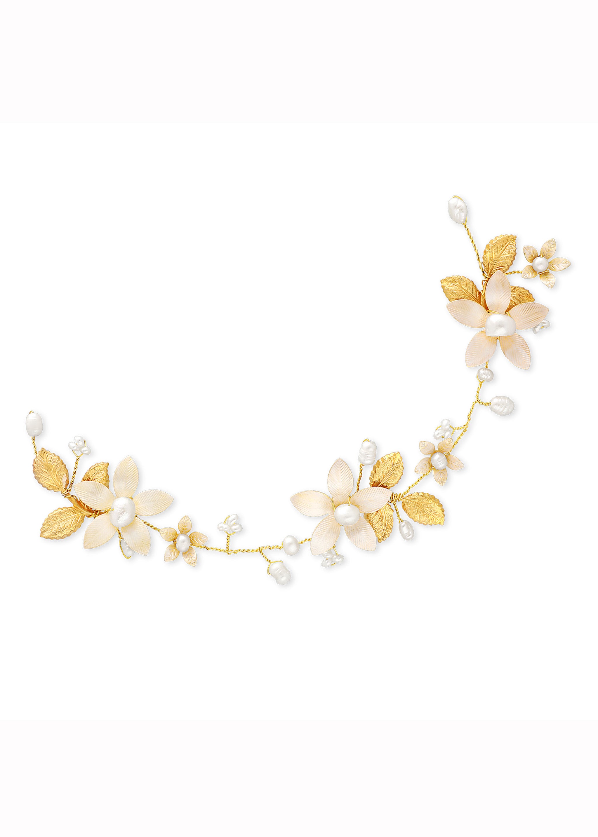 Gold and freshwater pearl floral bridal hairvine on white background. Bridal Hair Accessories. Bridal Accessories. Canadian Bridal Accessories. Handmade Canadian Accessories. Canadian handmade Accessories. Canadian weddings. Wedding Canada. Organic pearl accessories. Pearl Bridal Hair Accessories. Pearl Bridal Accessories.