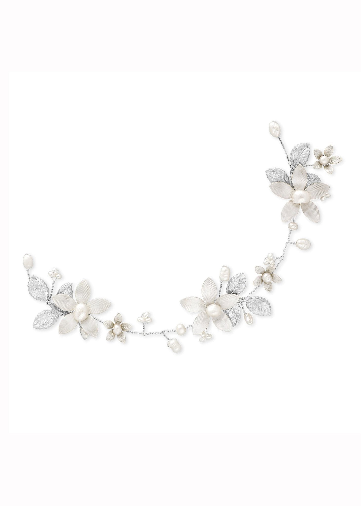 Silver and Freshwater Pearl bridal hairvine with enamel flowers on a white background. Bridal Hair Accessories. Bridal Accessories. Canadian Bridal Accessories. Handmade Canadian Accessories. Canadian handmade Accessories. Canadian weddings. Wedding Canada. Organic pearl accessories. Pearl Bridal Hair Accessories. Pearl Bridal Accessories.