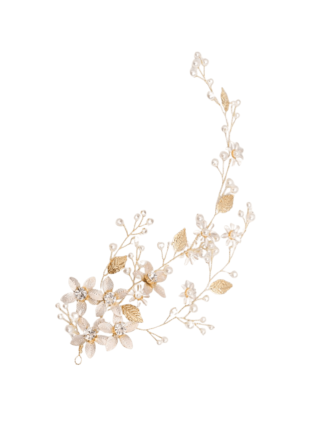 Gold floral bridal hair vine with gold leaves, Swarovski crystals, & freshwater pearls on a white background. Handmade bridal accessories & bridal hair accessories by Canadian bridal designer