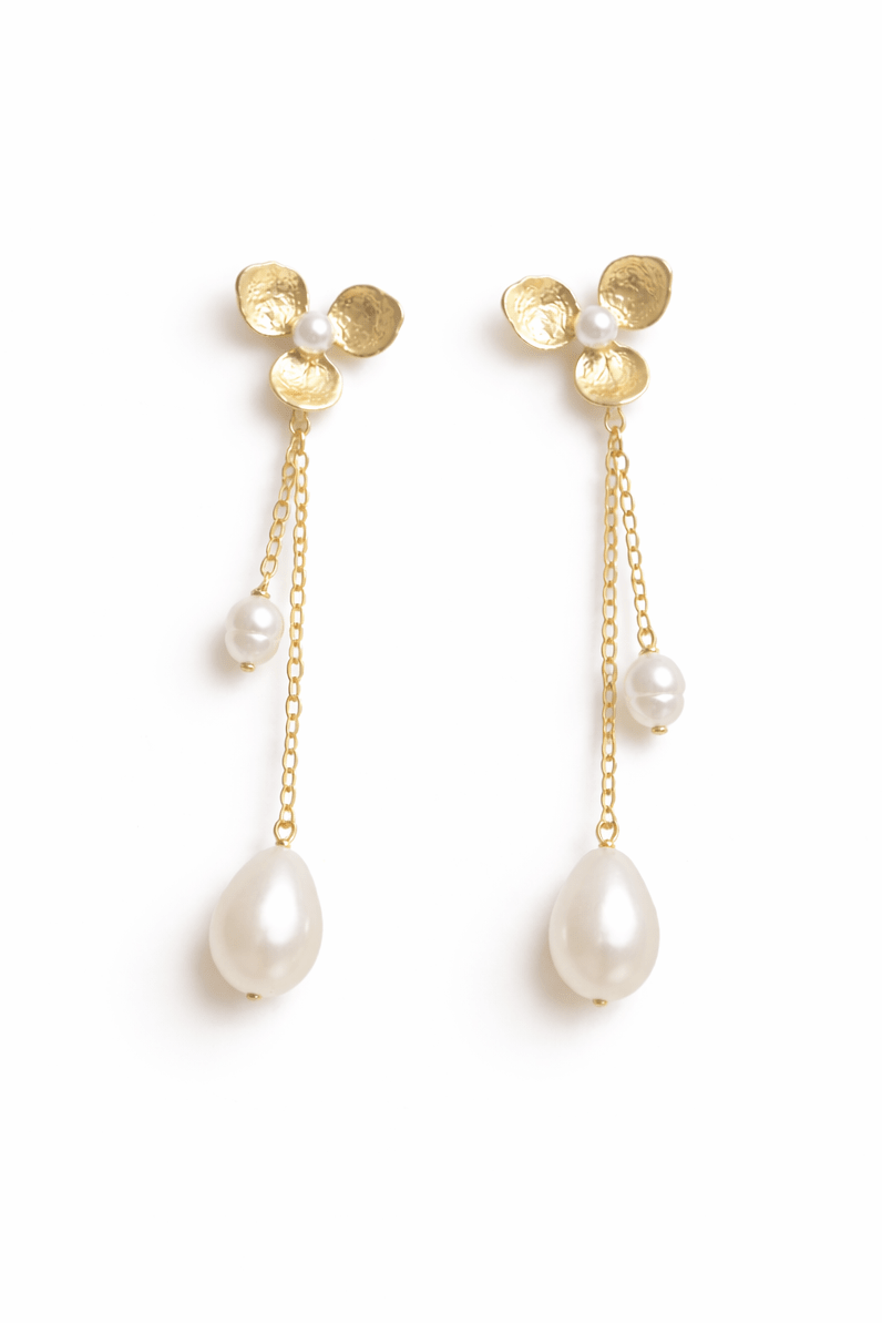 Gold vermeil floral bridal earrings with two freshwater pearl drops on a white background. Handmade bridal earrings, pearl bridal jewelry, & affordable bridal jewelry by Canadian jewelry designer