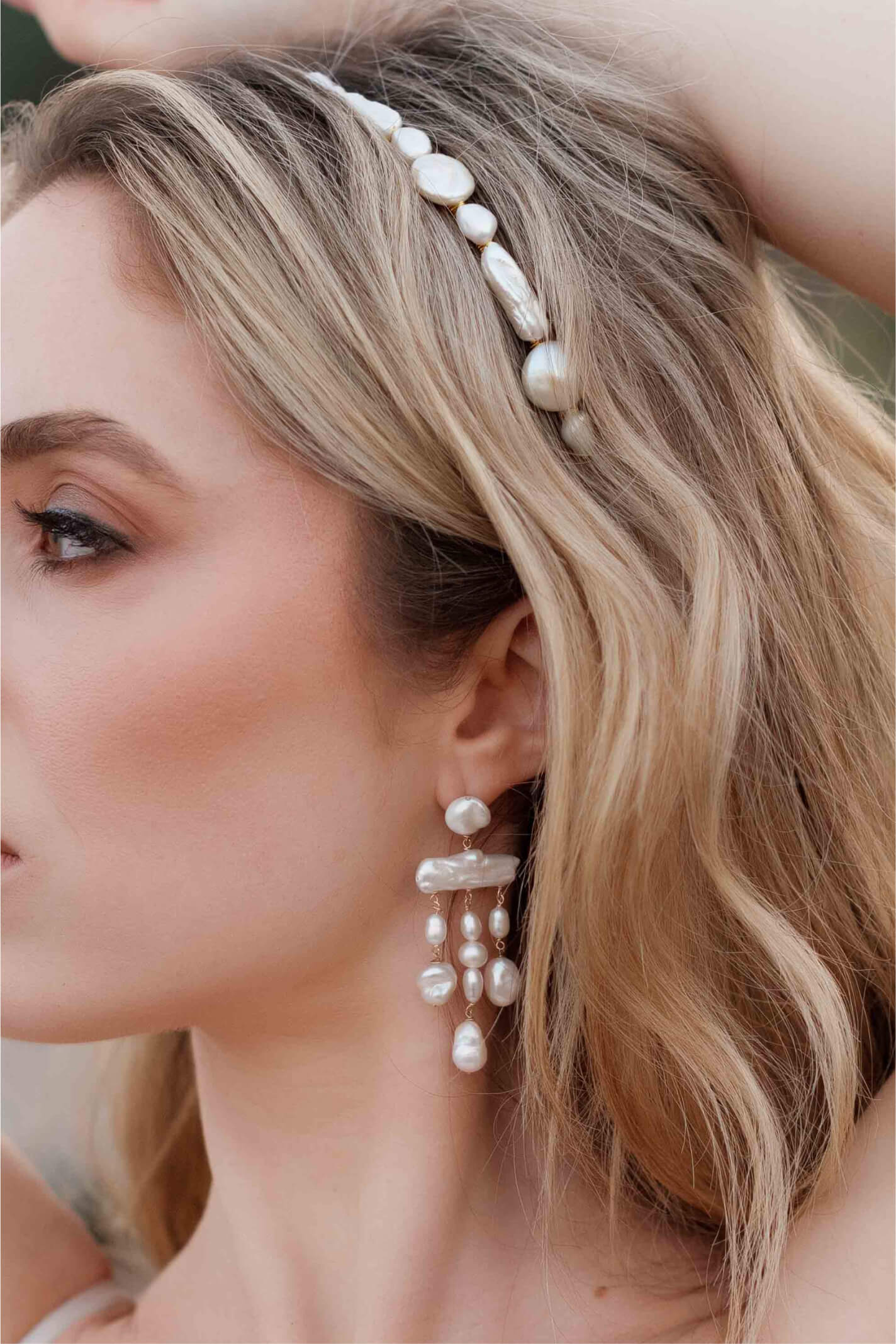 Bridal headband with organic freshwater pearls matched with gold-filled chandelier pearl earrings.