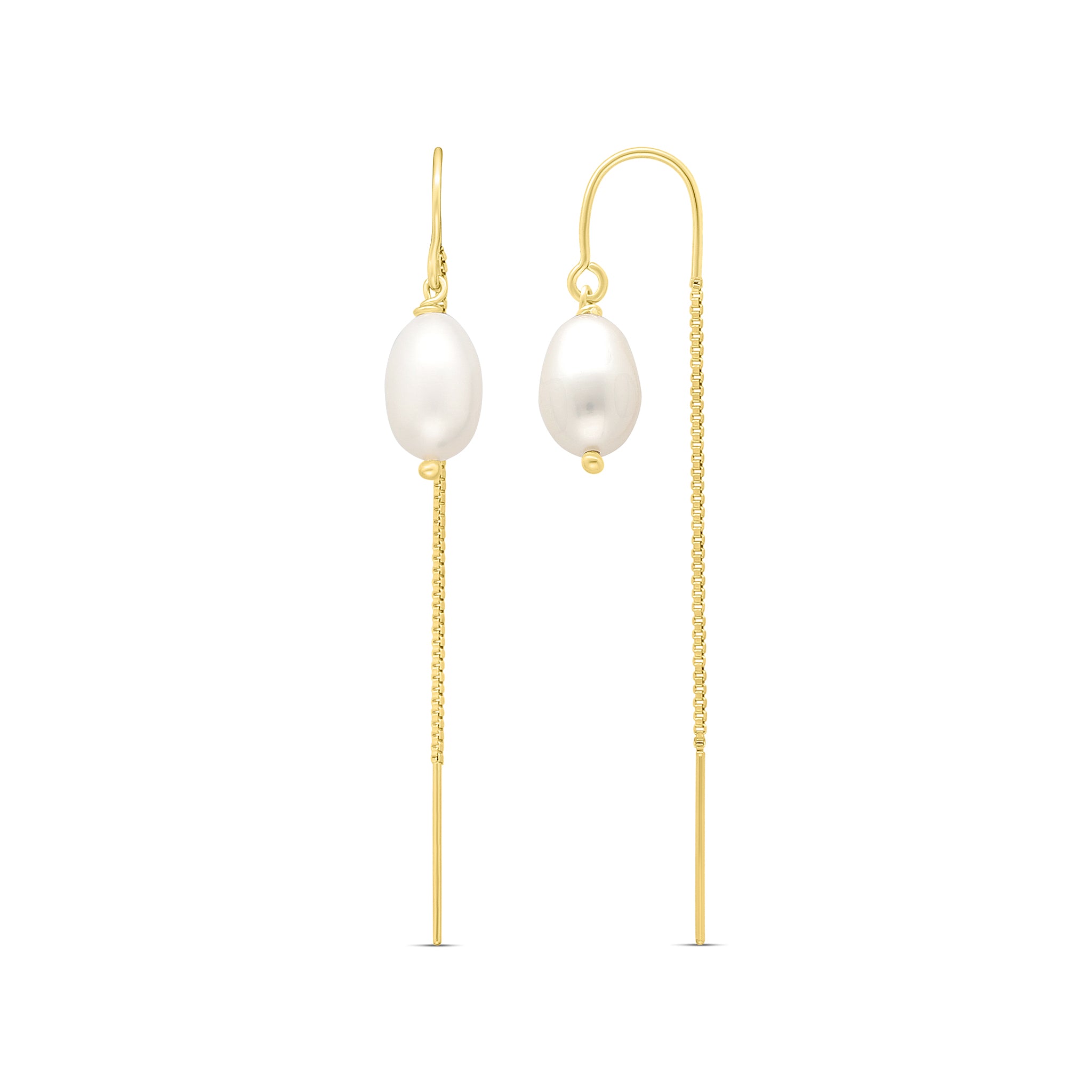 A pair of freshwater pearl earrings with 14k gold-filled threads on a white background. Pearl jewelry Canada. Organic pearl jewelry.