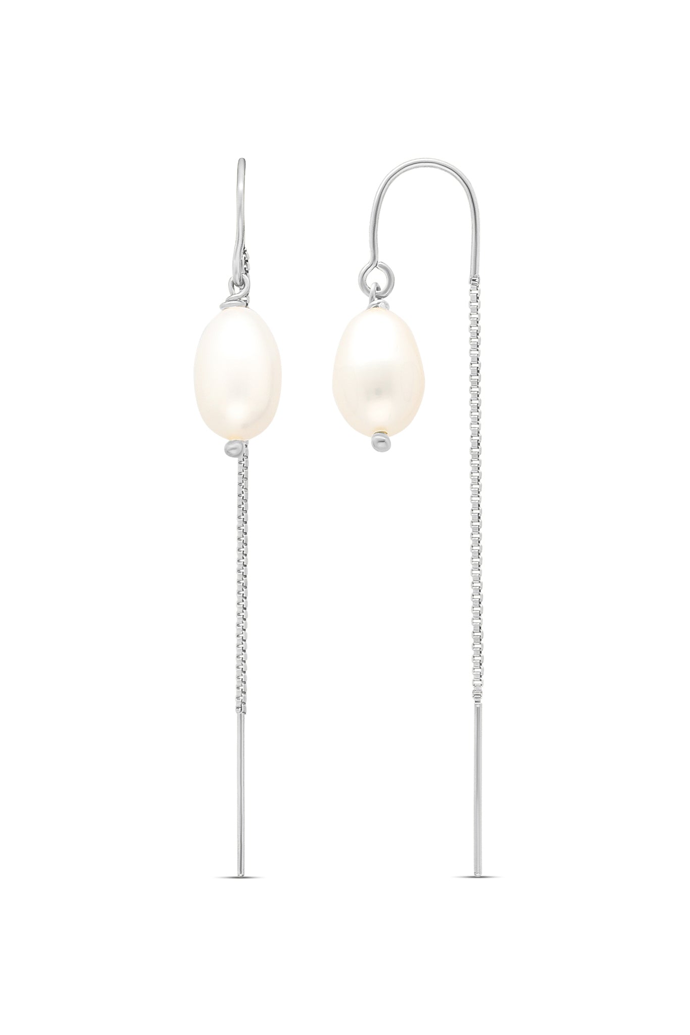 A pair of sterling Silver threader earrings with freshwater pearls. Sterling Silver jewelry Canada. Affordable jewelry. Handmade Canadian jewelry.