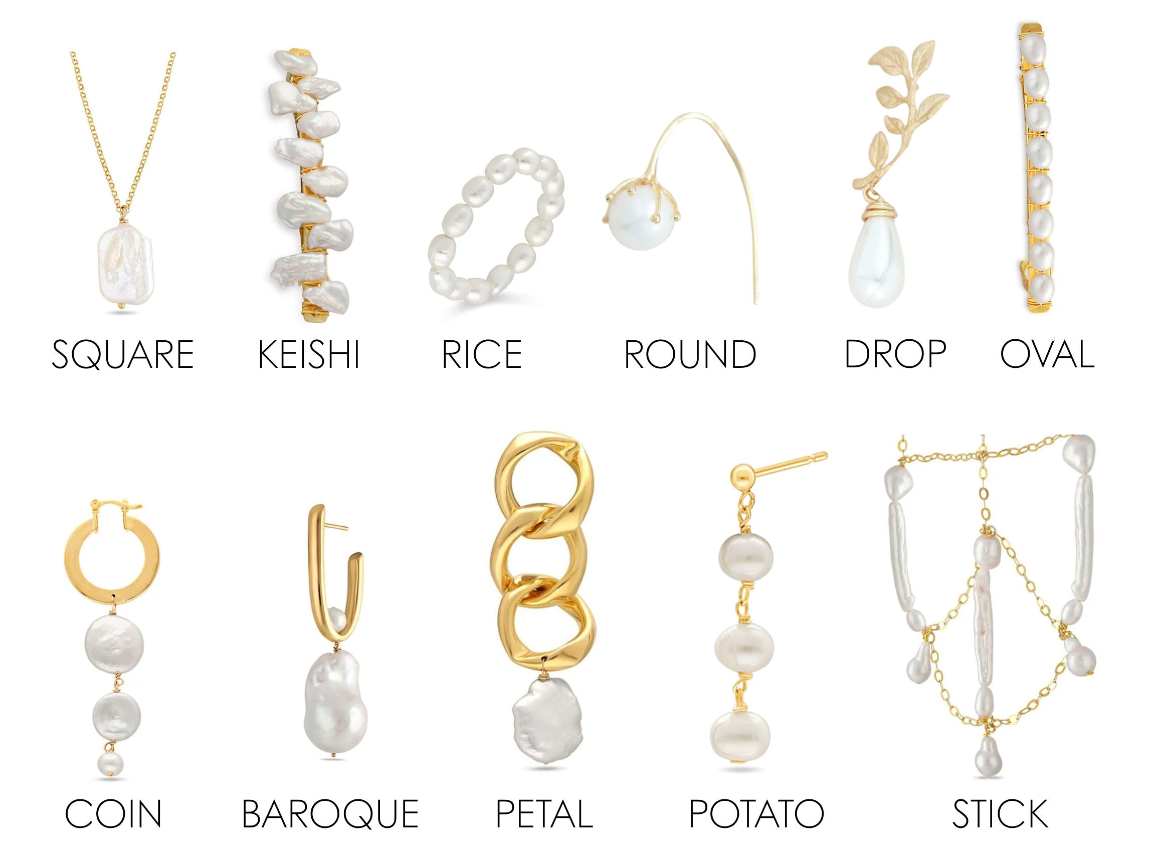 An infographic on different types of Filipino freshwater pearl shapes: Square, Keishi, Rice, Round, Drop, Oval, Coin, Baroque, Petal, Potato, and Stick.