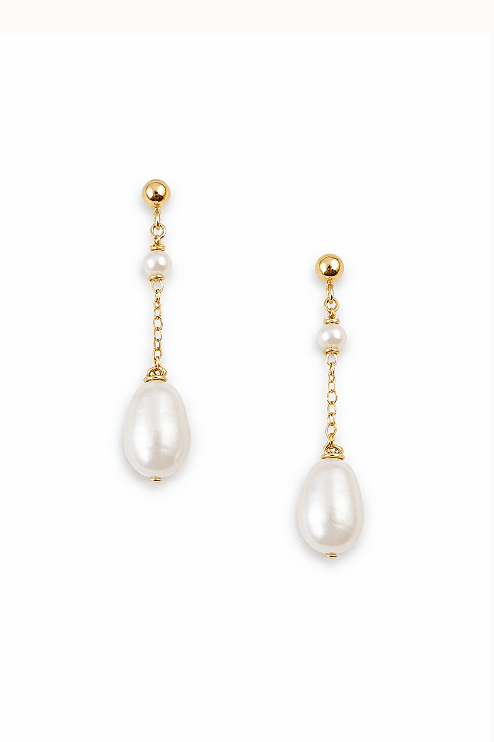 Pair of fresh water pearl drop earrings with gold fill on a white background. Everyday earrings & handmade pearl jewelry by BIPOC jewellery designer