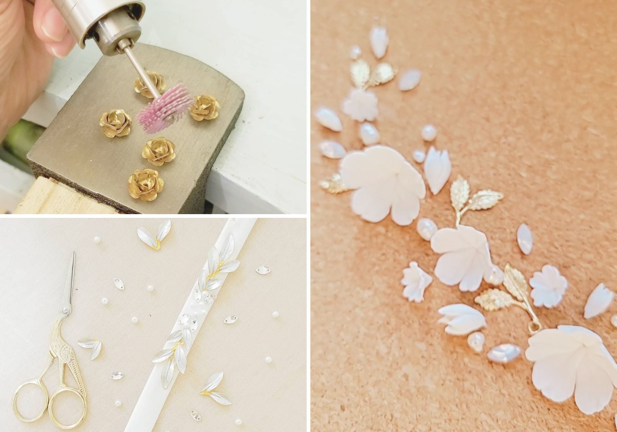 A three photo collage with materials like gold flowers, clay flowers, pearls, & crystals on various backgrounds
