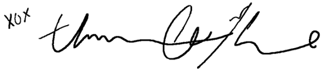 A black handwritten signature with kisses and hug on white background