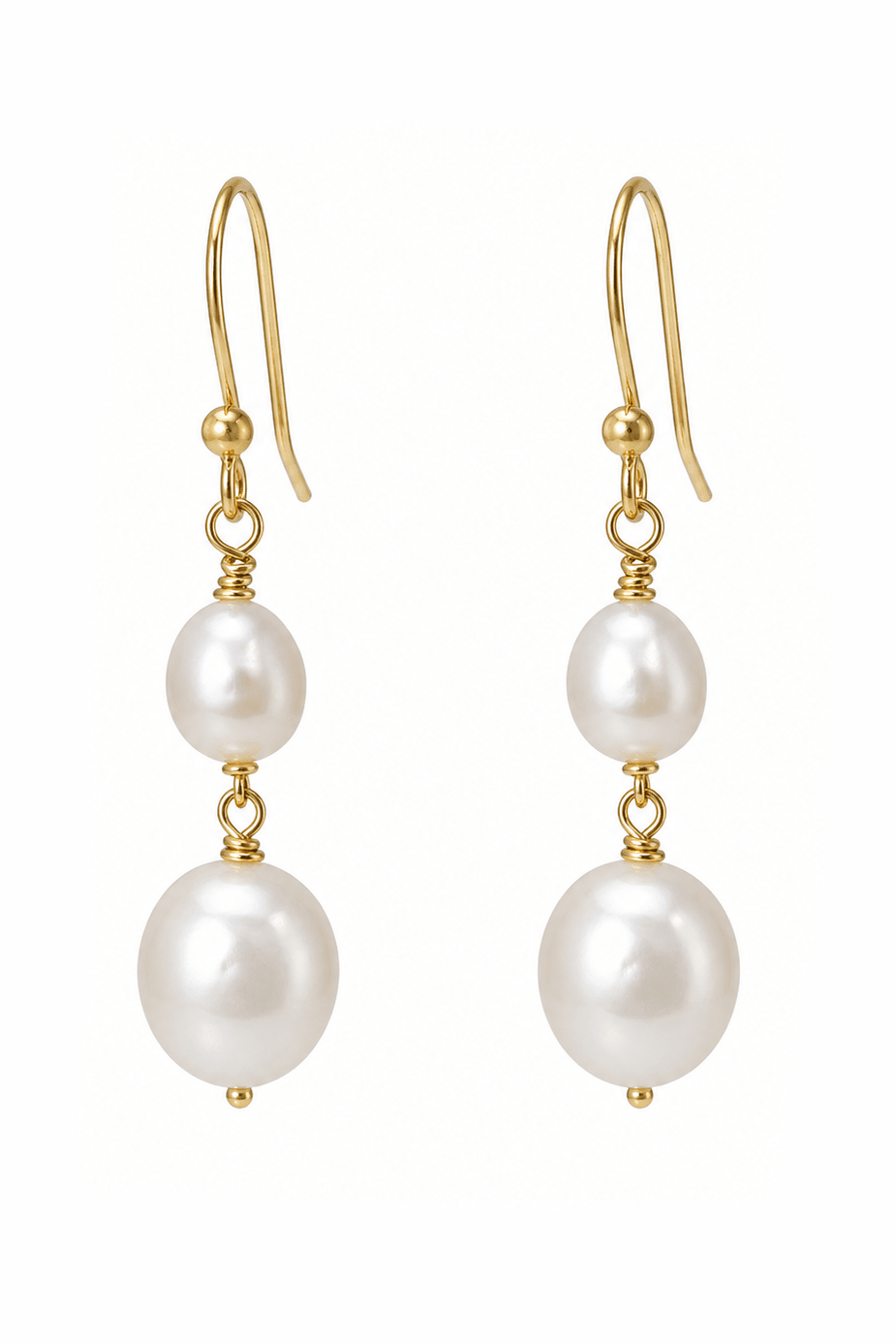 Pair of fresh water pearl earrings with gold filled shepherds hooks handmade by Canadian jewelry designer on a white background.