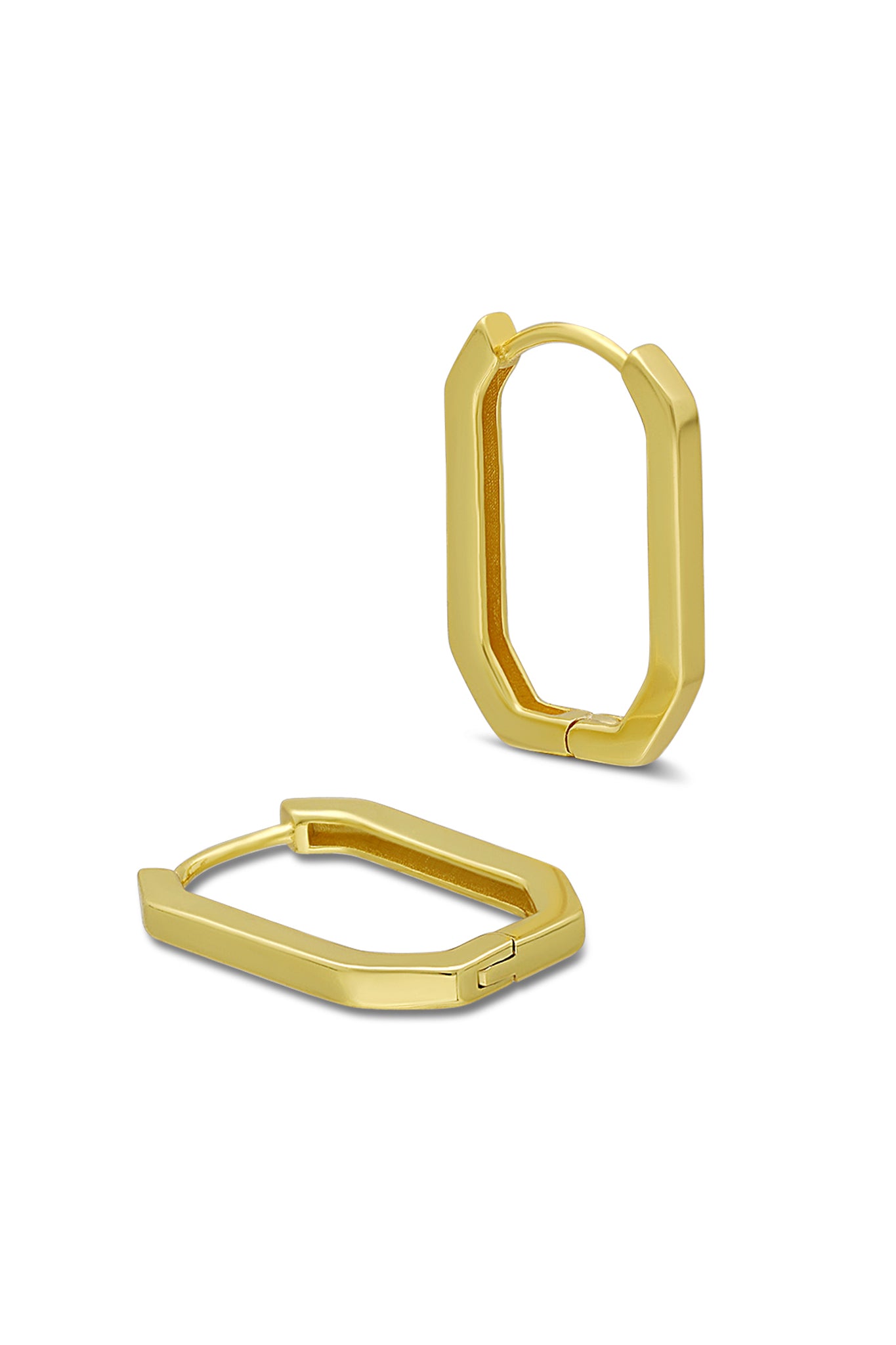 Rectangular gold-filled hoop earrings on white background. Everyday jewelry Canada. Minimalist jewelry. Handmade Canadian jewelry.