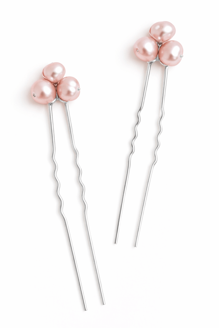 Handmade freshwater blush pearl hairpins in silver on white background. Handmade bridal accessories & bridal hair accessories Canada by BIPOC jewelry designer