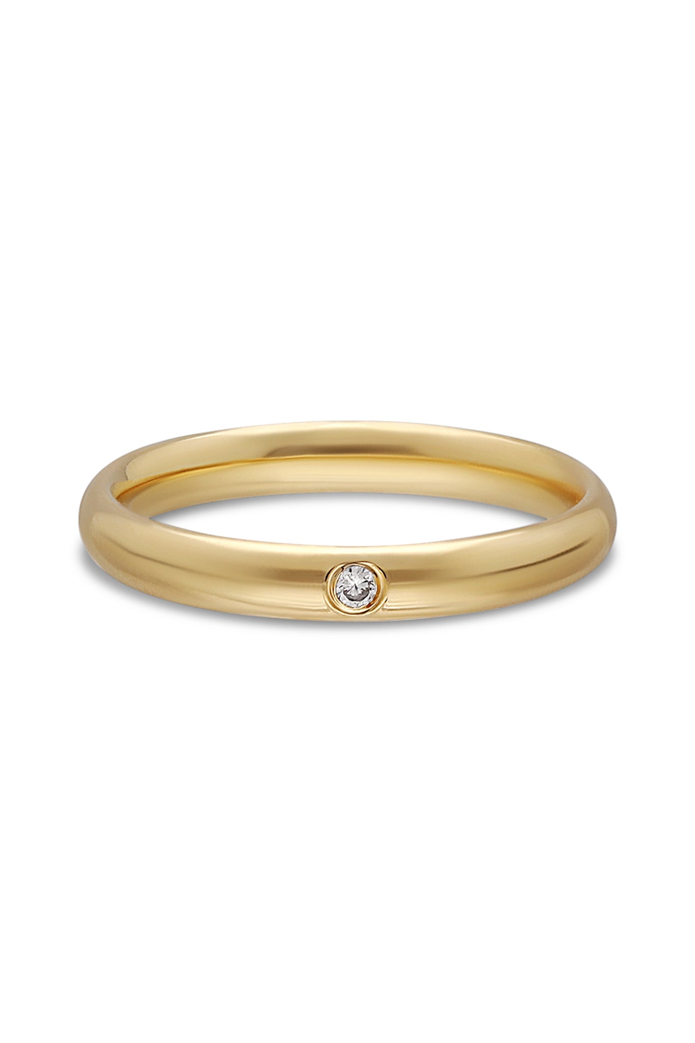 18k gold-filled wedding band with cubic zirconia crystal dot on white background. Minimalist Jewelry. Wedding Canada. Bridal jewelry Canada.