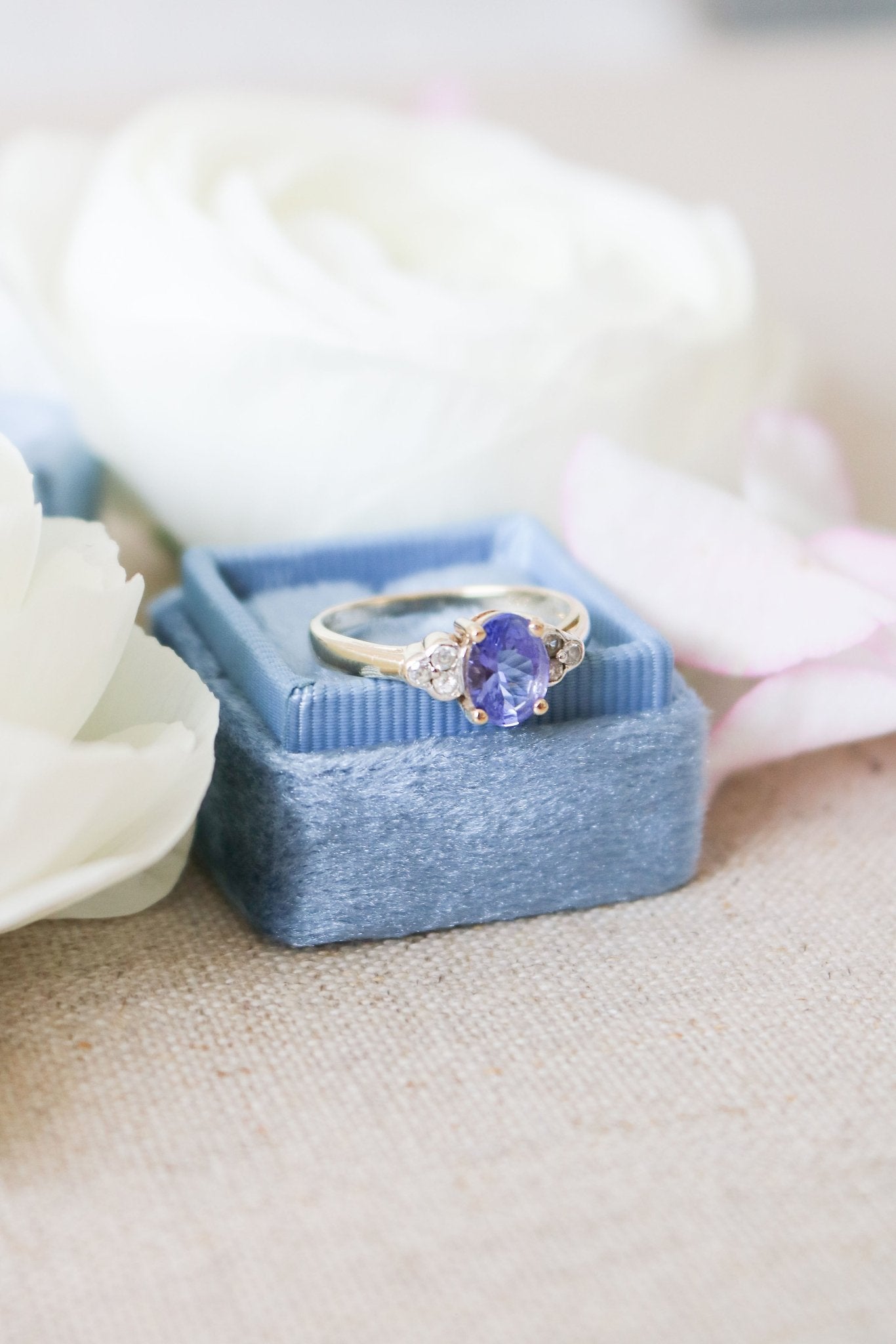 A 9ct Gold Vintage Engagement Ring with Violet Tanzanite and White Topaz sitting on top of a ring box. Antique Engagement Rings Canada. Canadian vintage engagement rings. Vintage engagement rings Canada. Bridal jewelry Canada. Wedding Canada. Canadian bridal jewelry
Woman-owned Canadian jewelry brand. Small Canadian jewelry brands.