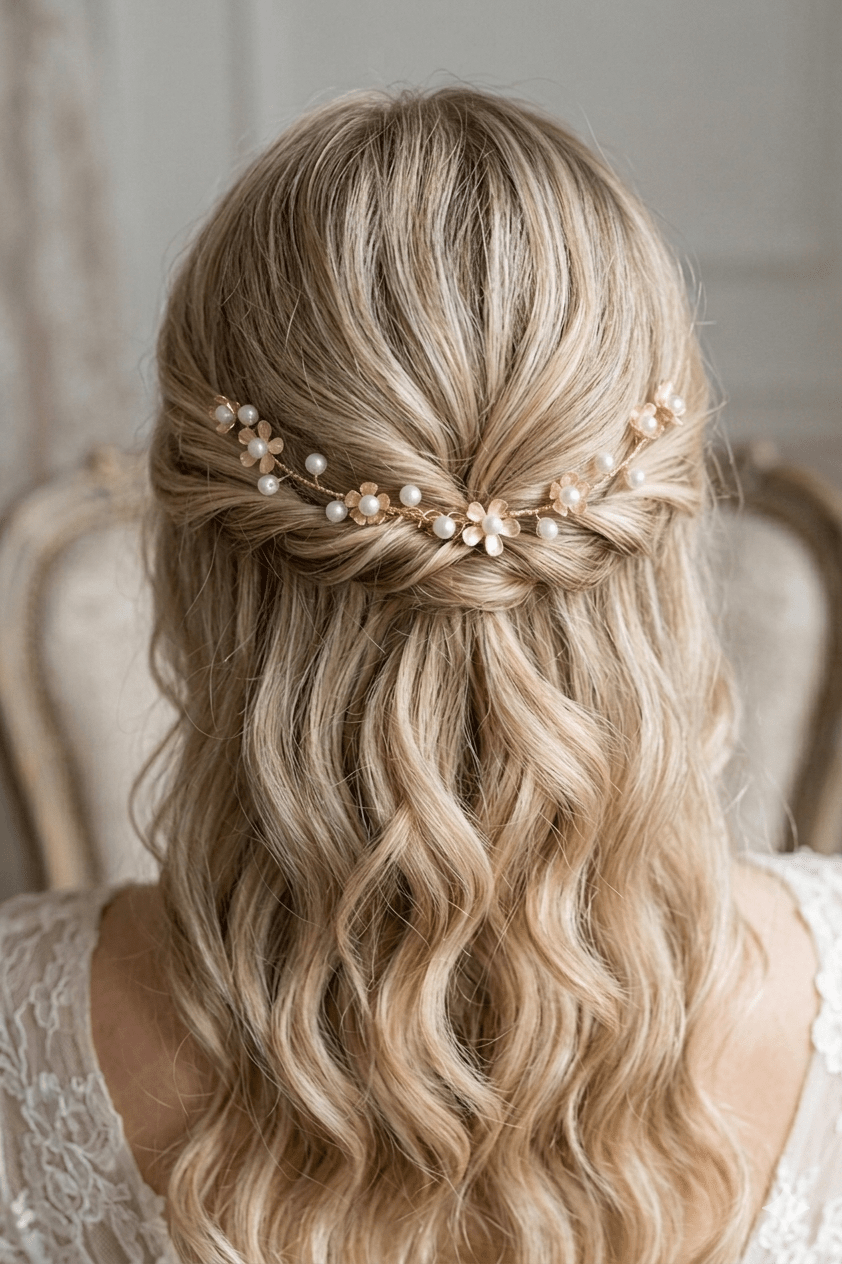 Blonde-haired bride with a bridal hair comb with pearls and floral design against a neutral background. Handmade bridal accessories in Canada by BIPOC bridal designer