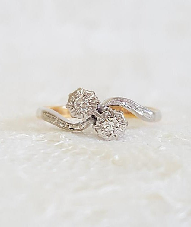 An extreme close up of the Lacey Diamond Vintage Engagement Ring in 18k Yellow Gold and Platinum c.1920's on a white background. Antique Engagement Rings Canada. Canadian vintage engagement rings. Vintage engagement rings Canada. Bridal jewelry Canada. Canadian weddings. Wedding Canada. Canadian jewelry brands. Affordable Canadian jewelry brands. Canadian bridal jewelry. Woman-owned Canadian jewelry brand.